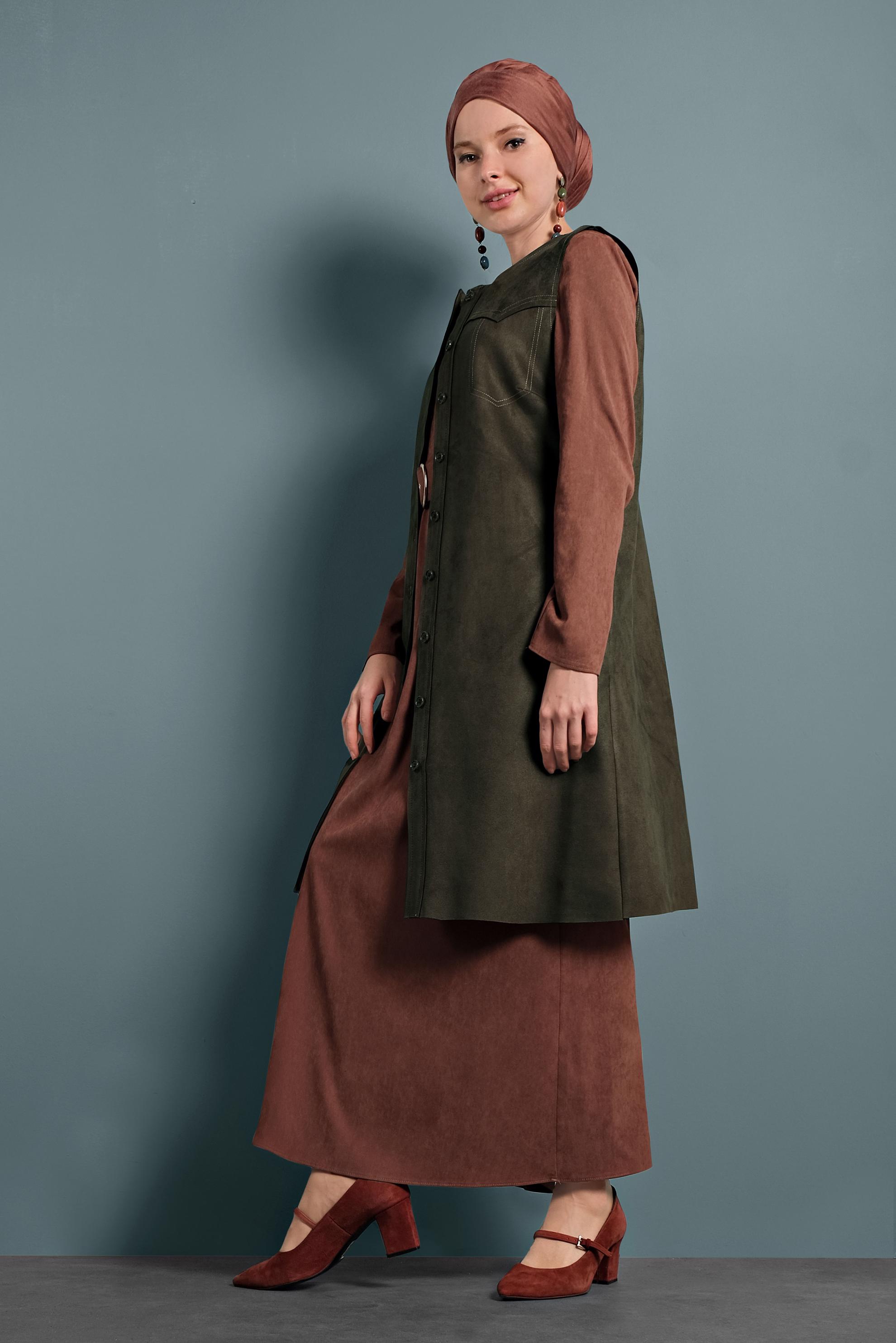 Tesettür giyim HAKİ DÜĞMELİ SÜET YELEK 40261