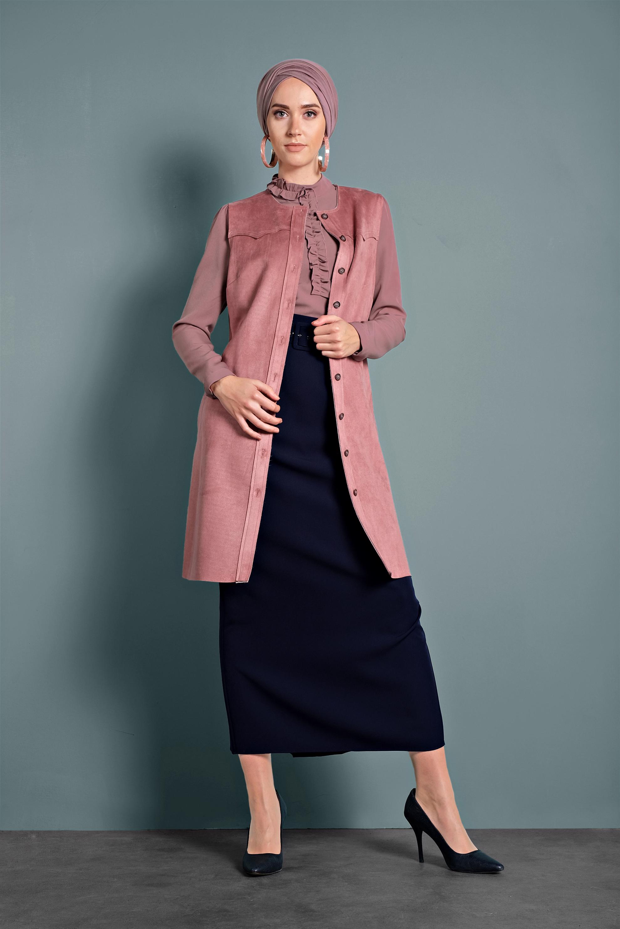 Tesettür giyim PUDRA DÜĞMELİ SÜET YELEK 40261
