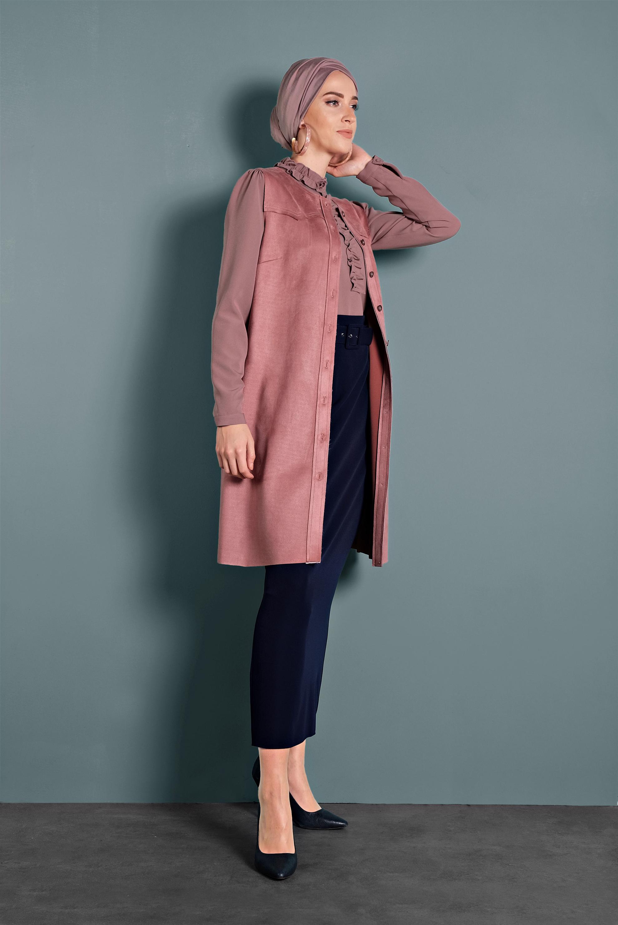 Tesettür giyim PUDRA DÜĞMELİ SÜET YELEK 40261