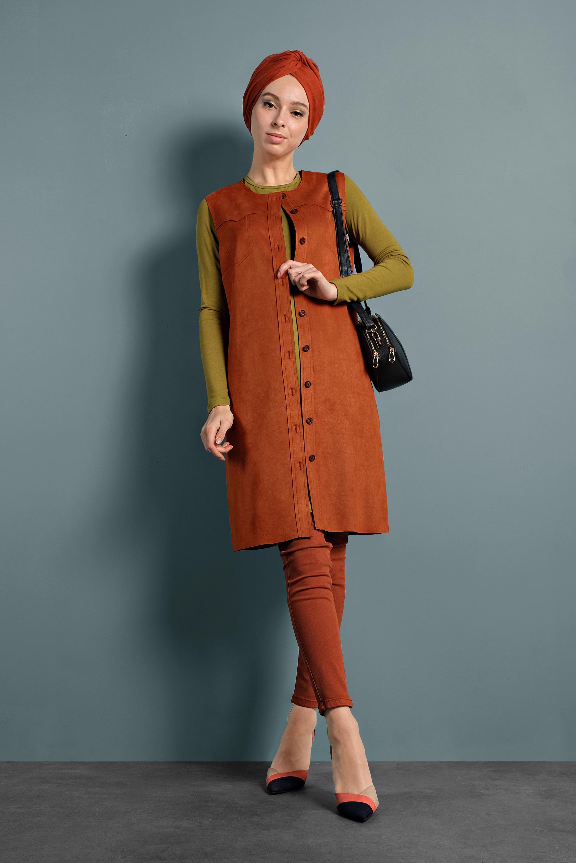 Hijab clothing ORANGE BUTTONED SUEDE GILET 40261