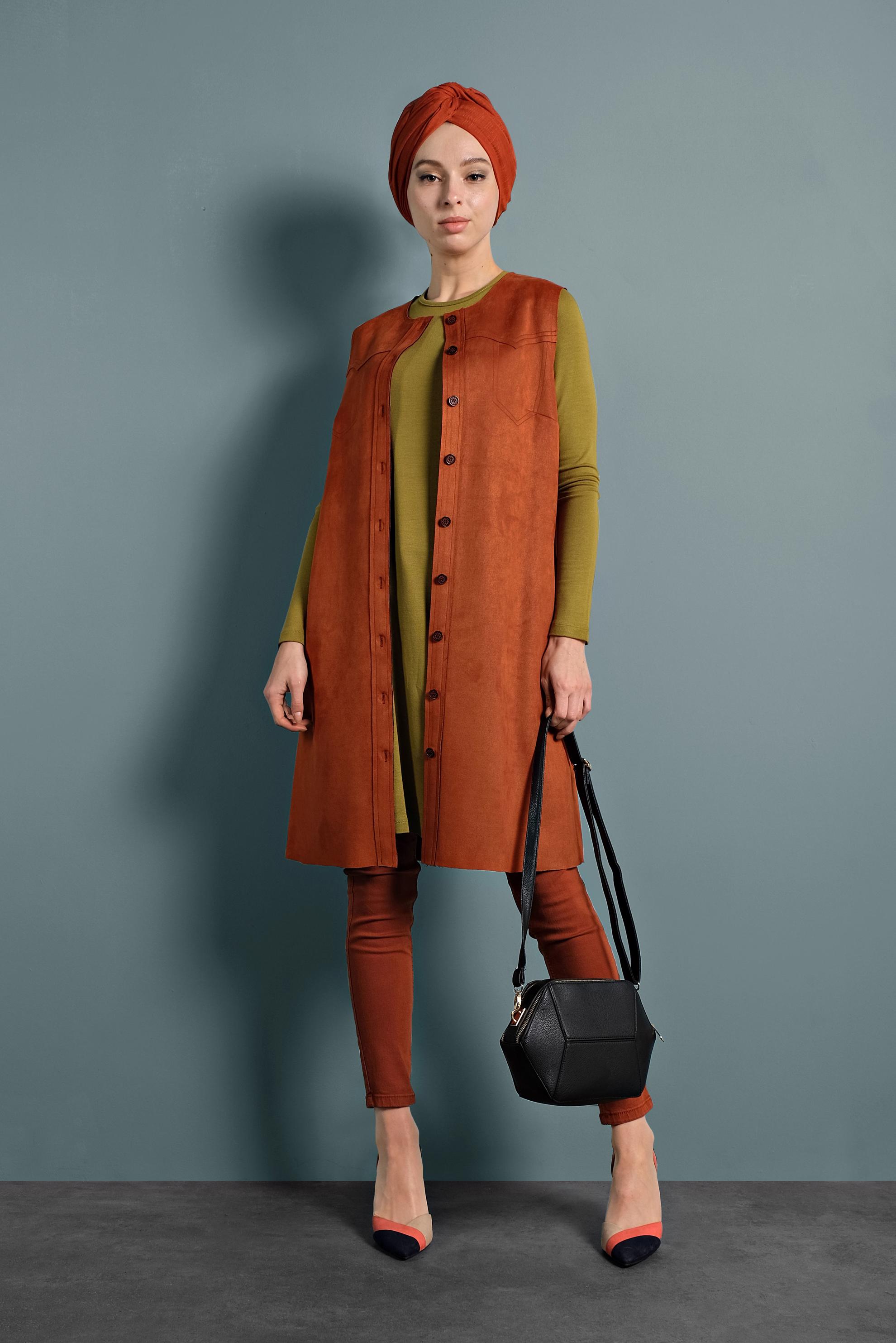 Hijab clothing ORANGE BUTTONED SUEDE GILET 40261