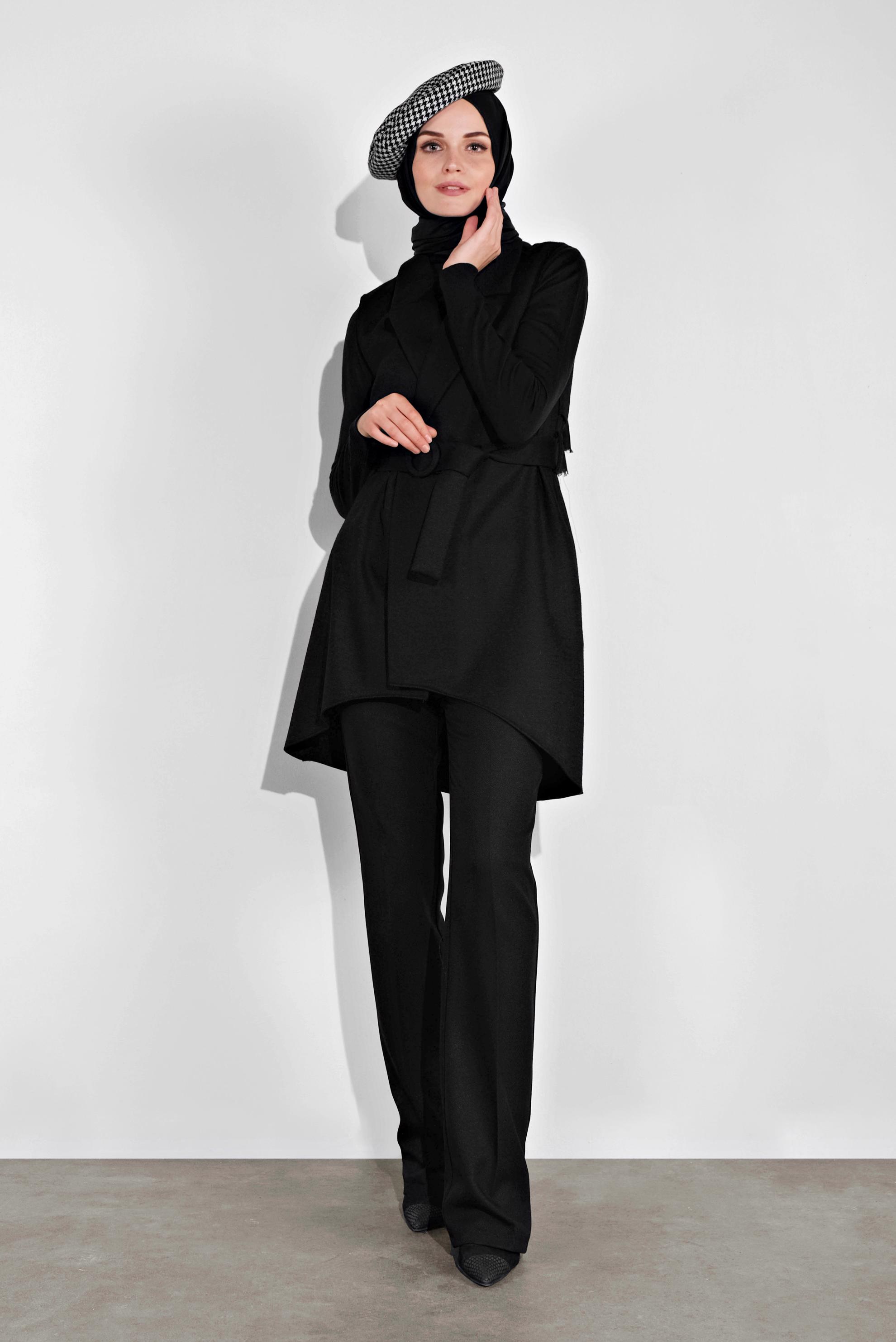 Hijab clothing BLACK ASYMMETRIC CUT BELTED VEST 40262 