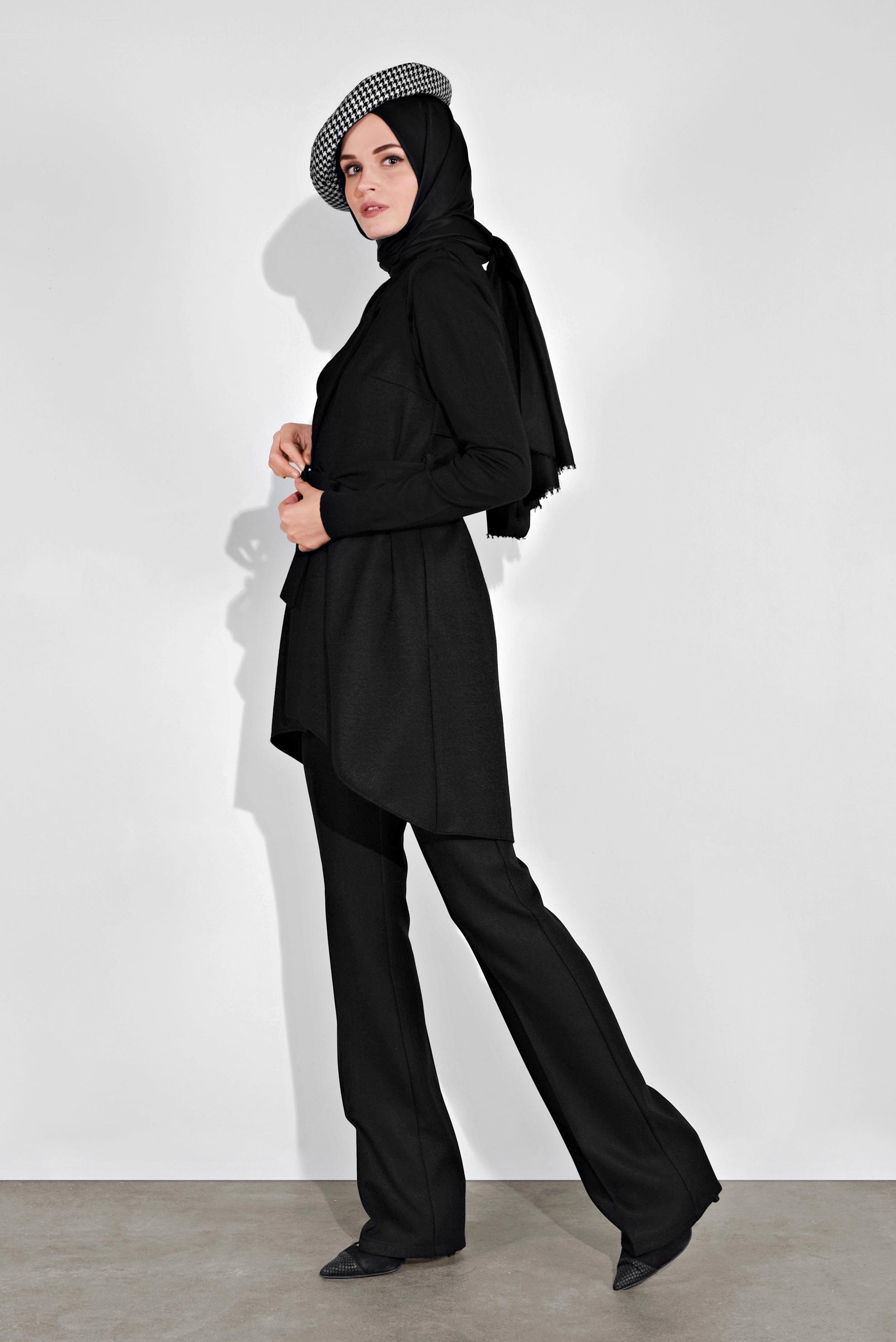 Hijab clothing BLACK ASYMMETRIC CUT BELTED VEST 40262 