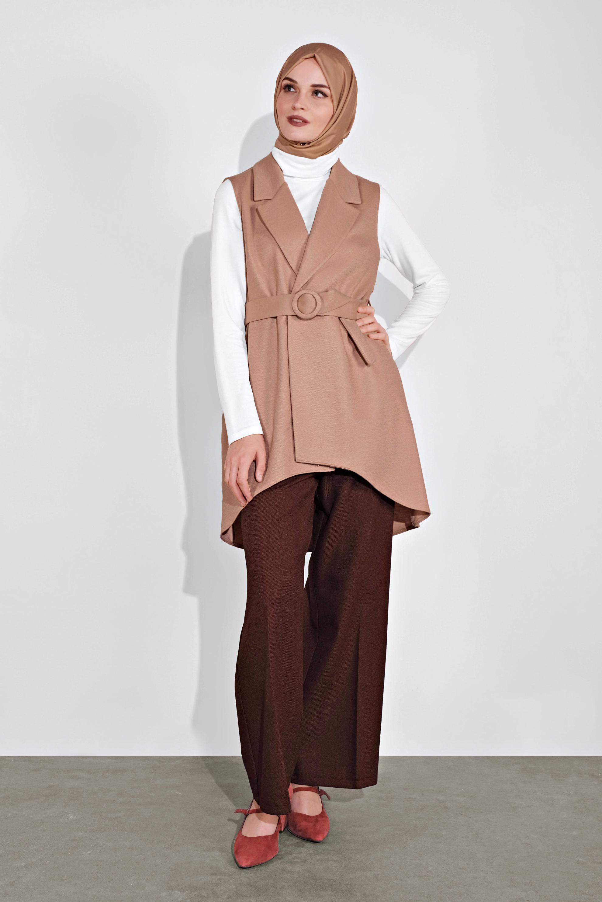 Hijab clothing BEIGE ASYMMETRIC CUT BELTED VEST 40262 