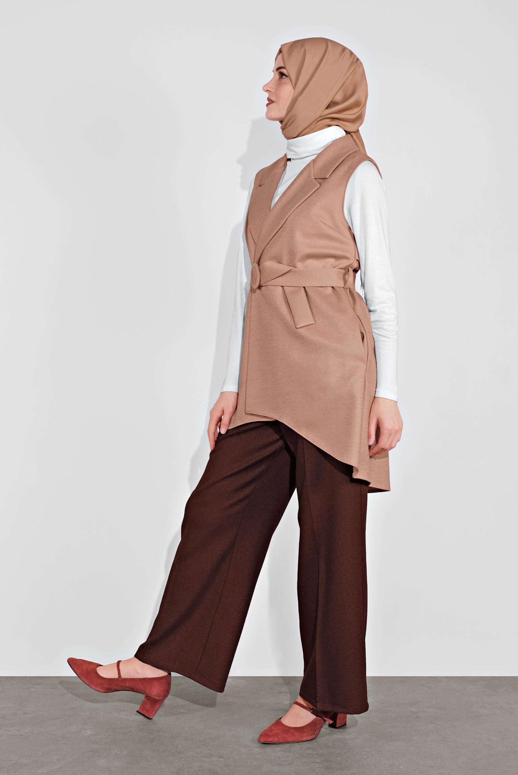 Hijab clothing BEIGE ASYMMETRIC CUT BELTED VEST 40262 