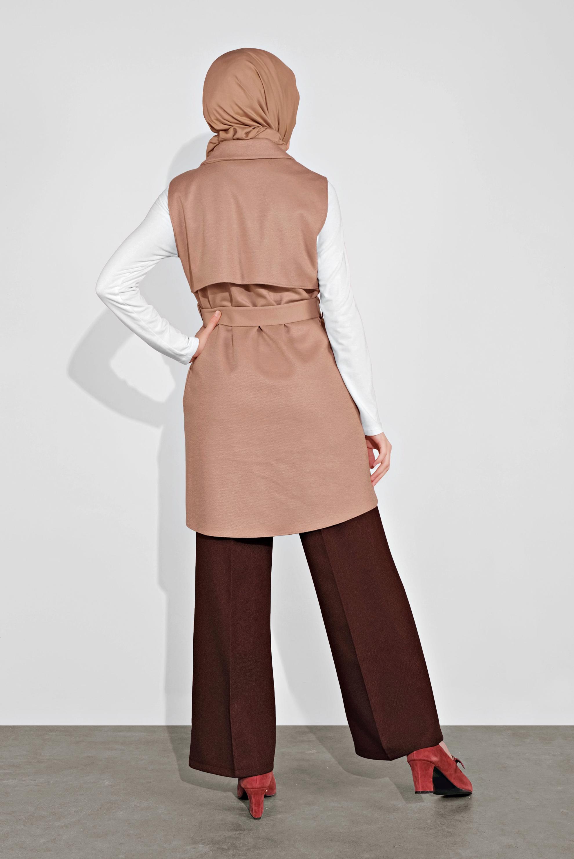 Hijab clothing BEIGE ASYMMETRIC CUT BELTED VEST 40262 