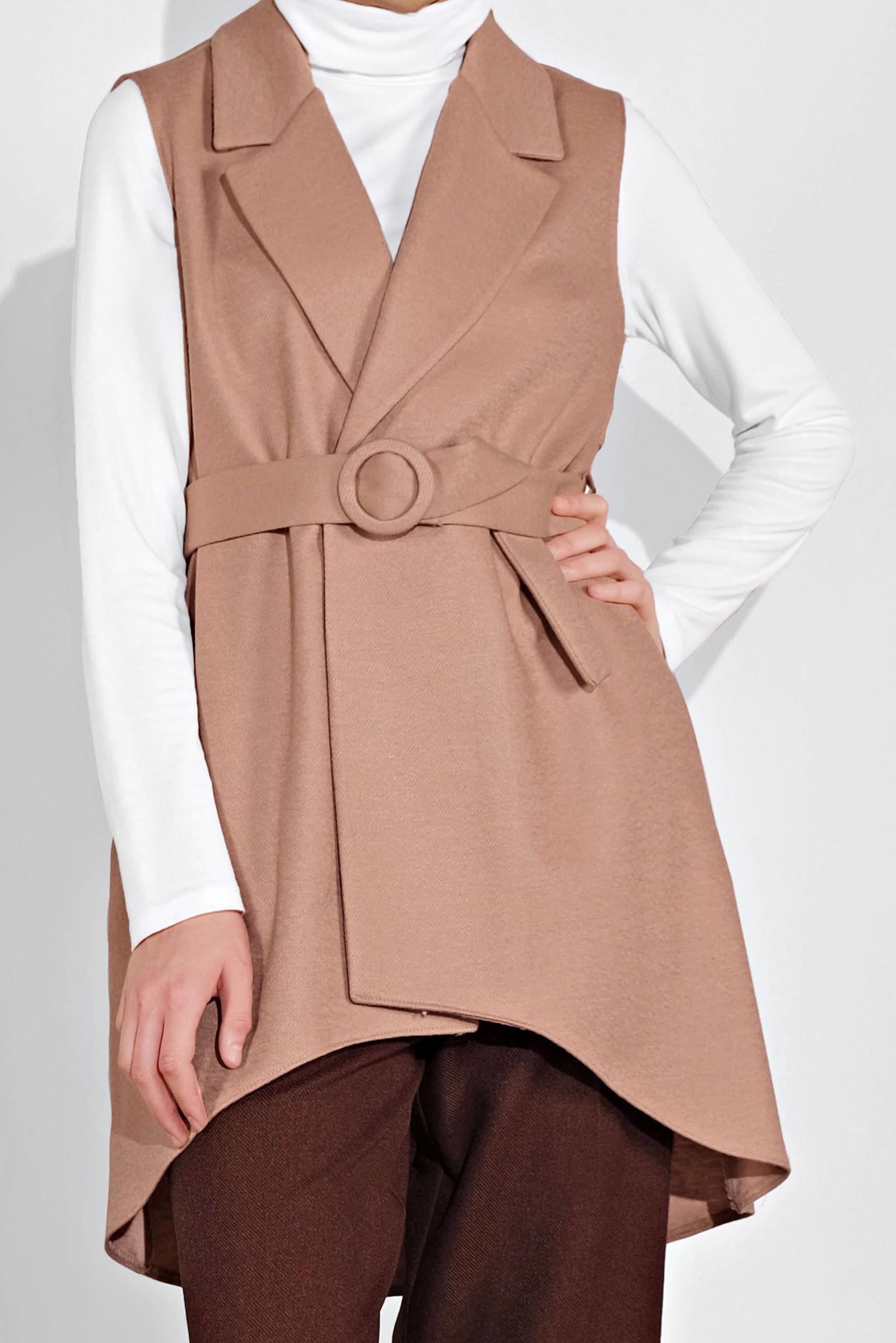 Hijab clothing BEIGE ASYMMETRIC CUT BELTED VEST 40262 