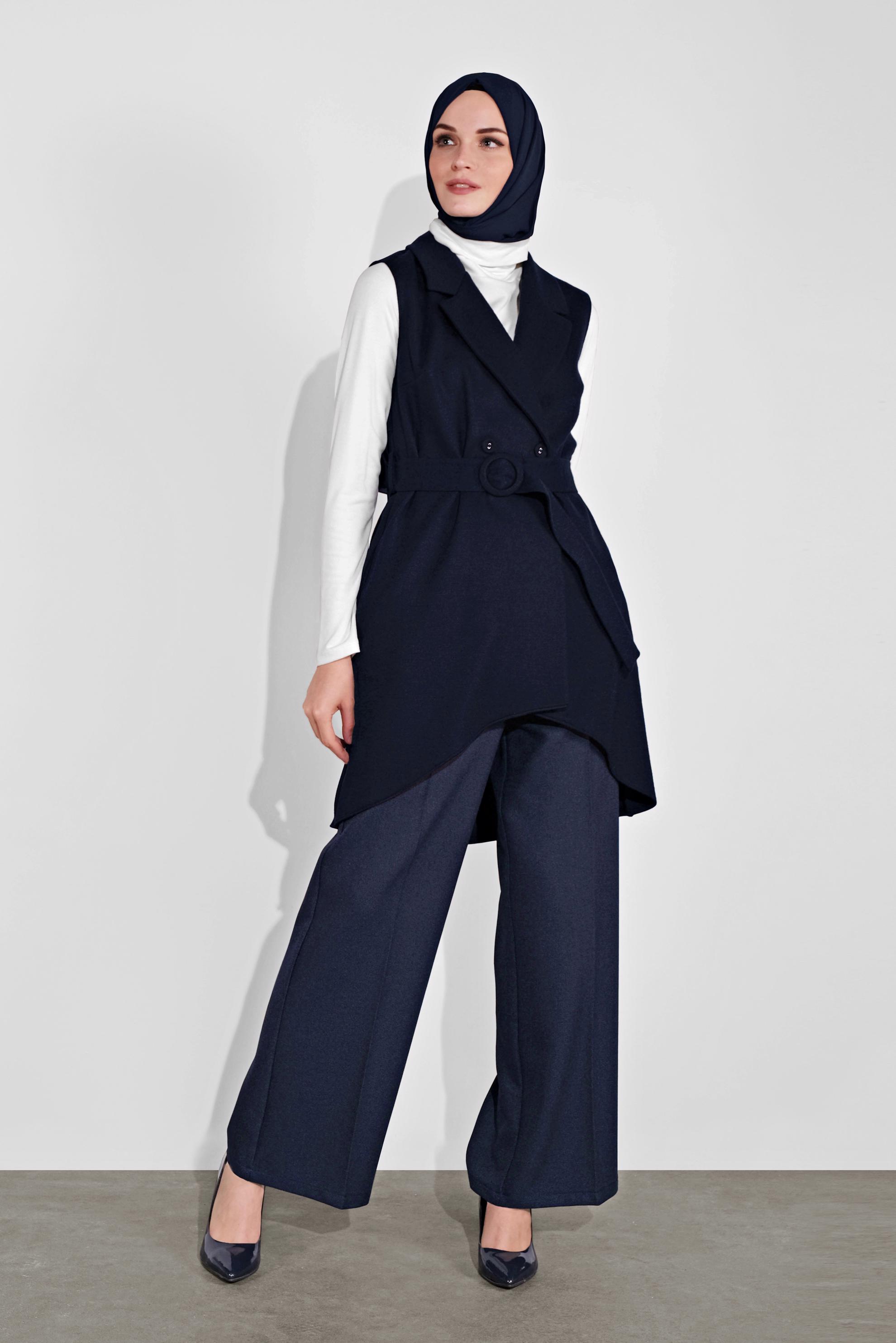 Tesettür giyim LACİVERT KEMERLİ ASİMETRİK KESİM YELEK 40262 