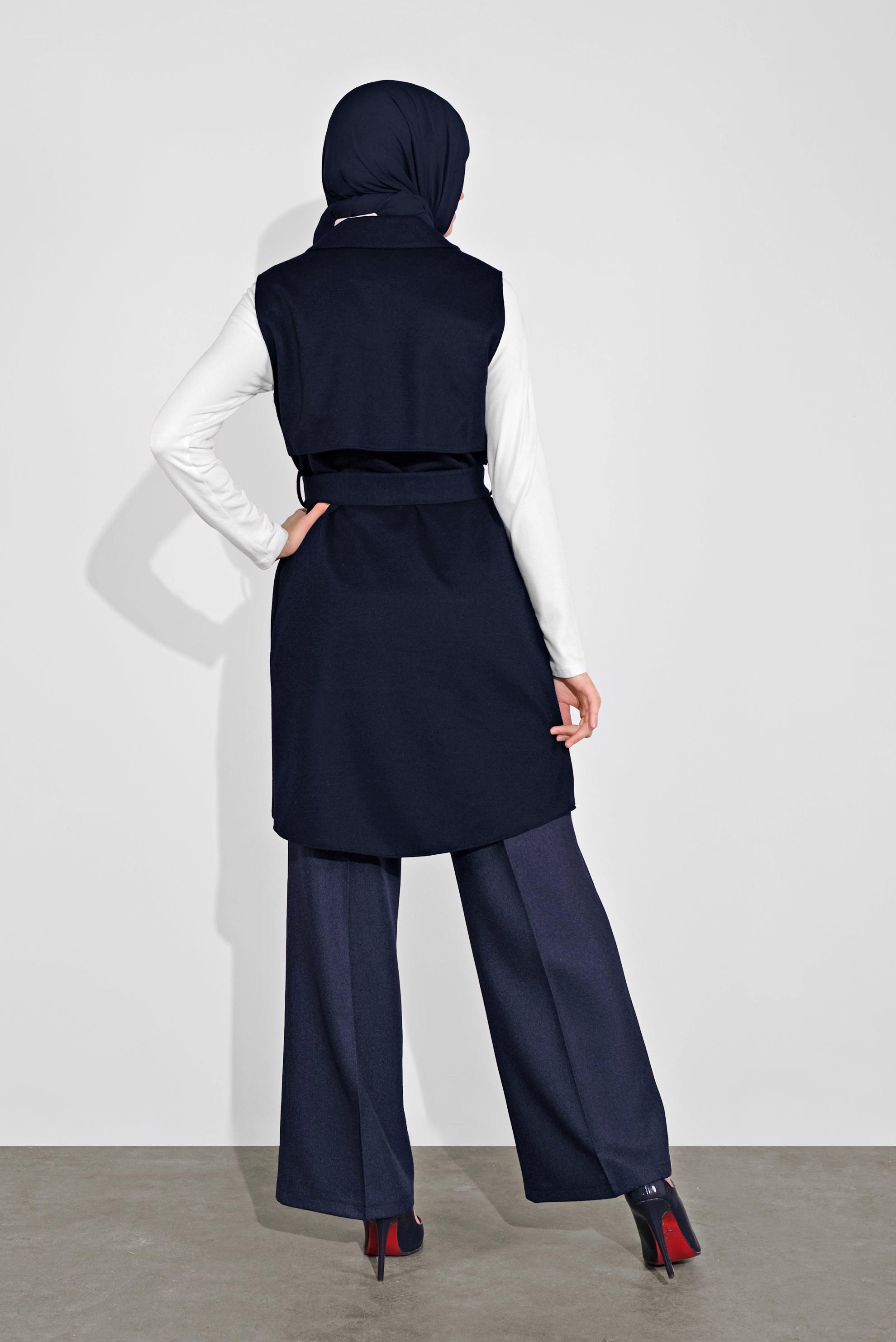 Tesettür giyim LACİVERT KEMERLİ ASİMETRİK KESİM YELEK 40262 