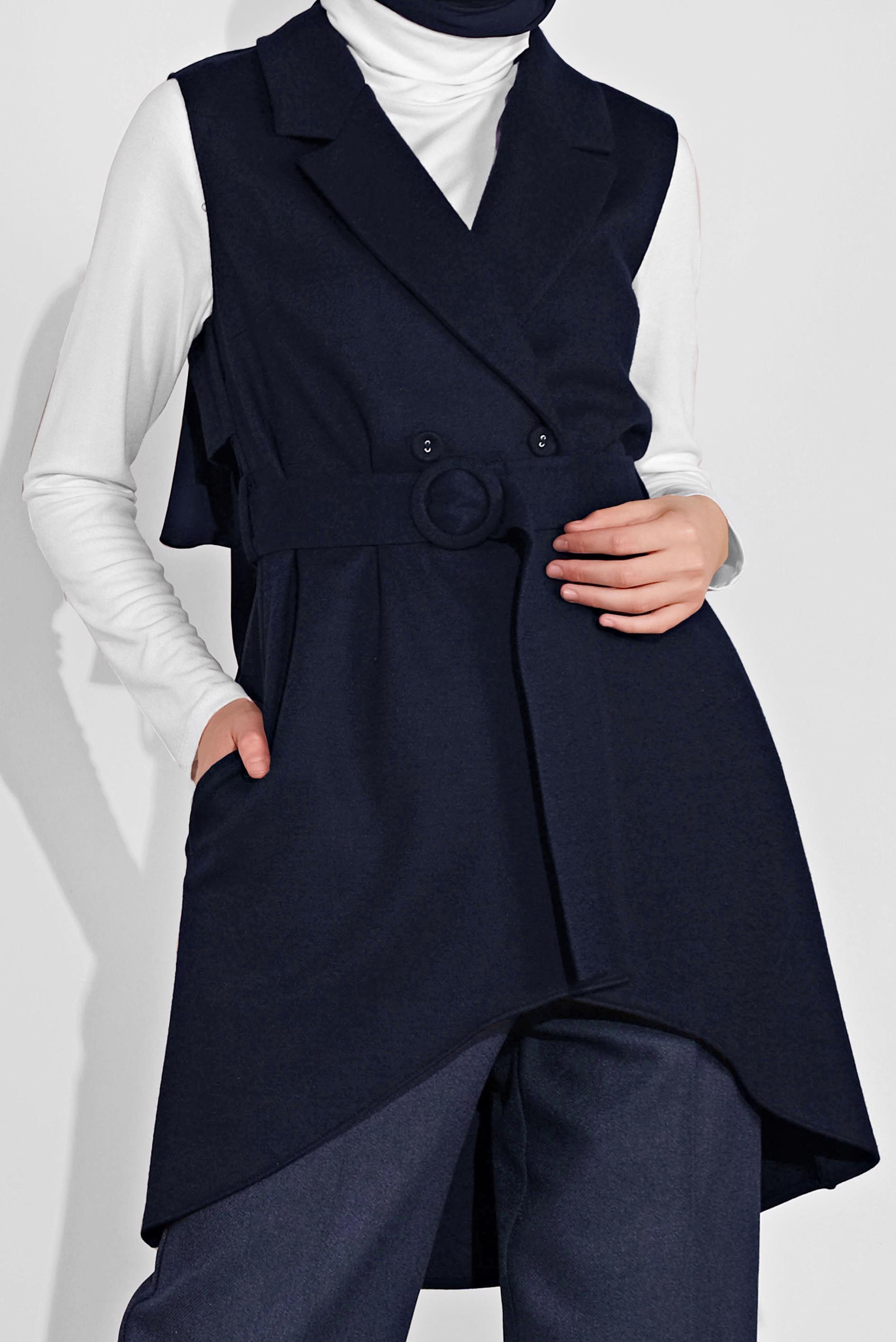 Tesettür giyim LACİVERT KEMERLİ ASİMETRİK KESİM YELEK 40262 