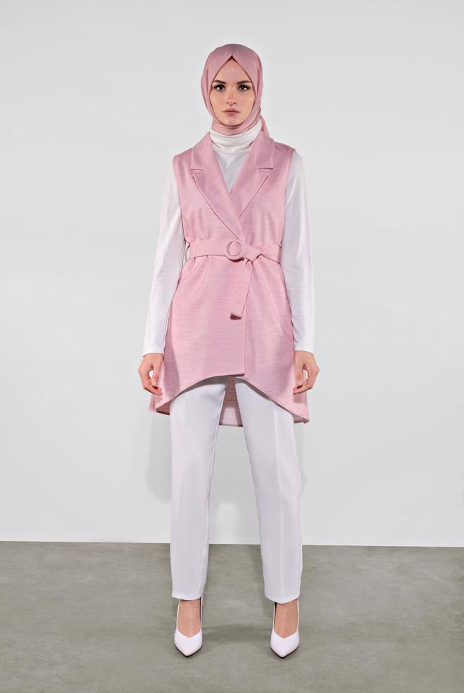 Vêtements hijab POUDRE GILET COUPE ASYMÉTRIQUE AVEC CEINTURE 40262  - ALVİNA