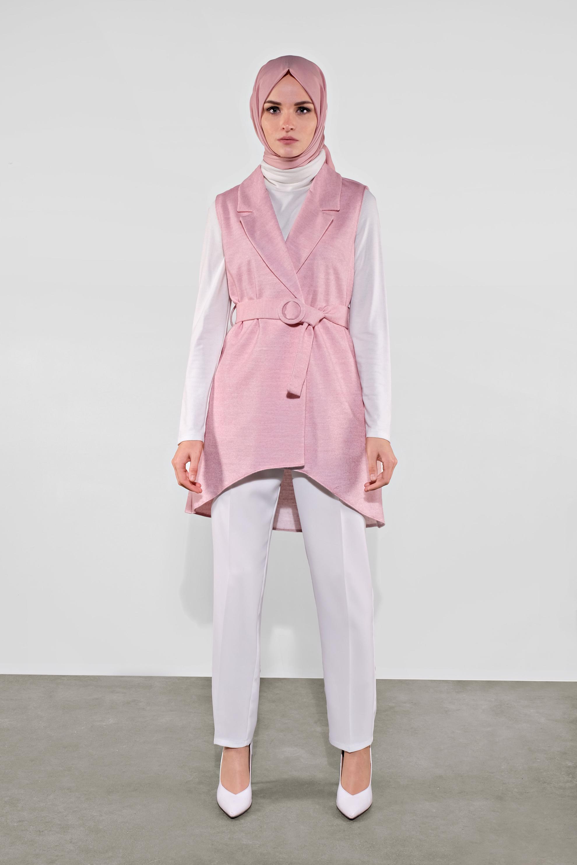 Vêtements hijab POUDRE GILET COUPE ASYMÉTRIQUE AVEC CEINTURE 40262 