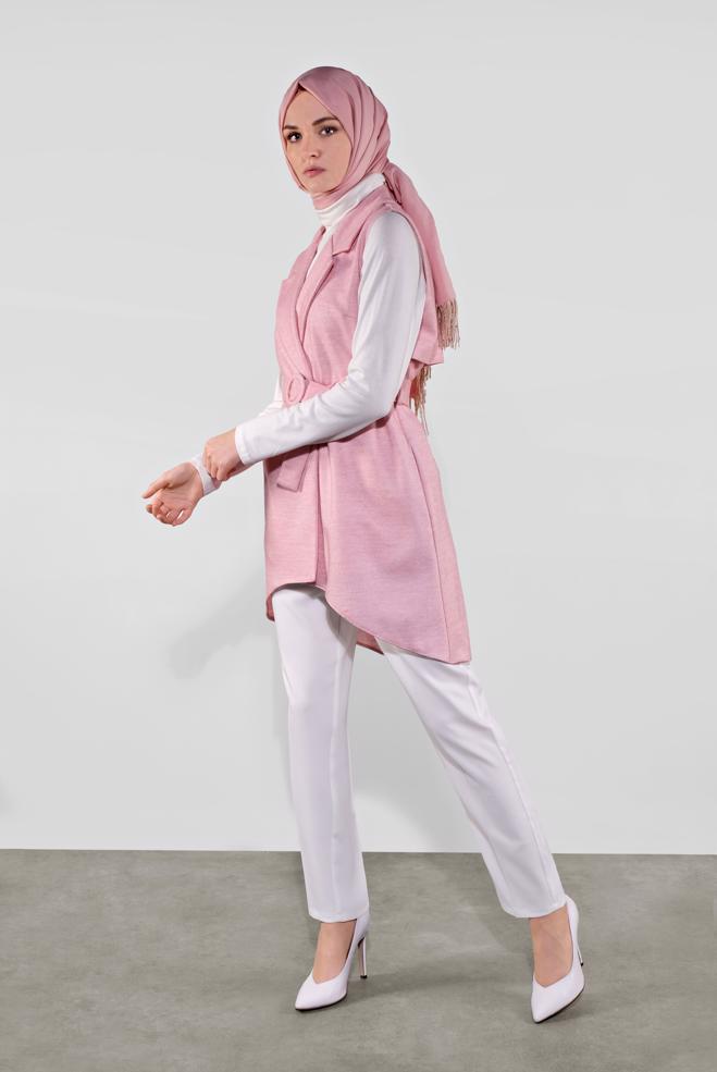 Vêtements hijab POUDRE GILET COUPE ASYMÉTRIQUE AVEC CEINTURE 40262  - ALVİNA
