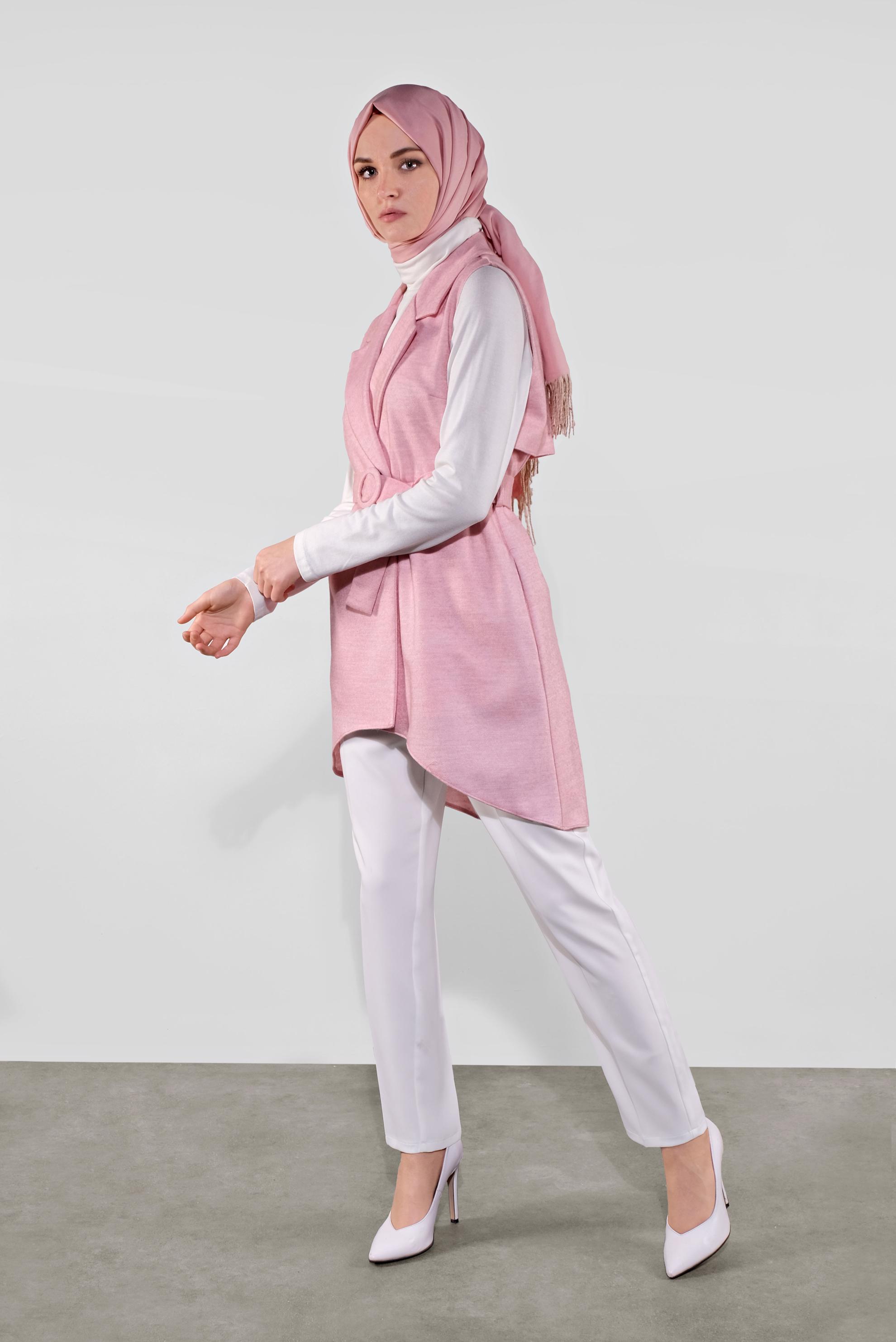 Vêtements hijab POUDRE GILET COUPE ASYMÉTRIQUE AVEC CEINTURE 40262 