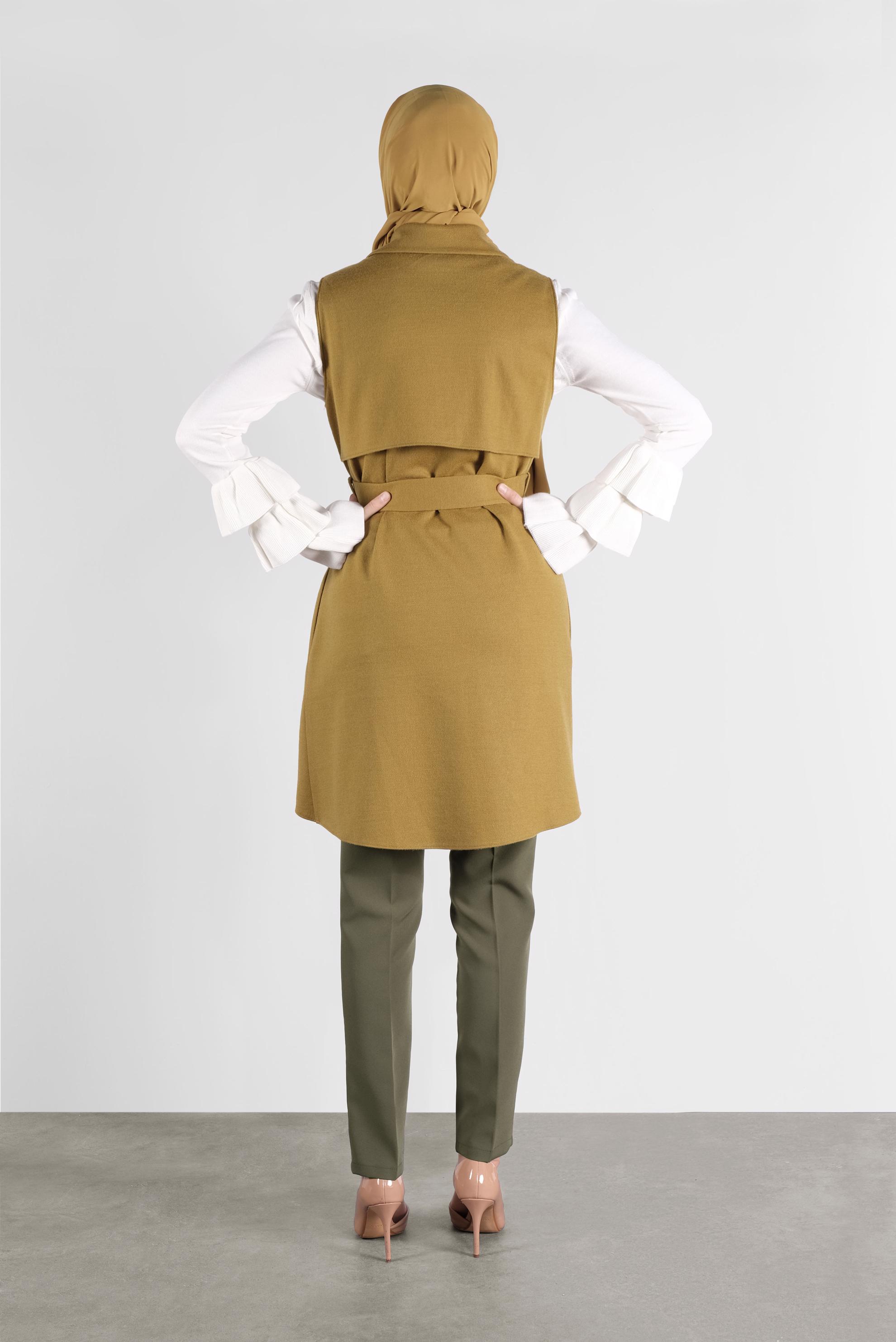 Tesettür giyim YEŞİL KEMERLİ ASİMETRİK KESİM YELEK 40262 