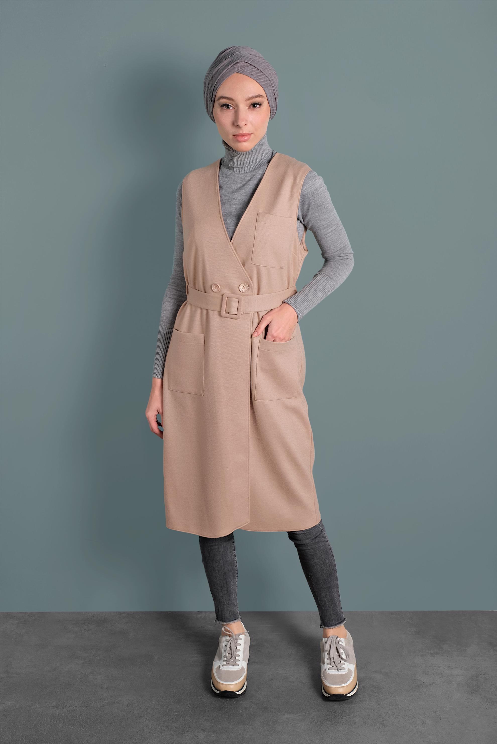 Tesettür giyim BEJ CEPLİ KRUVAZE YELEK 40264