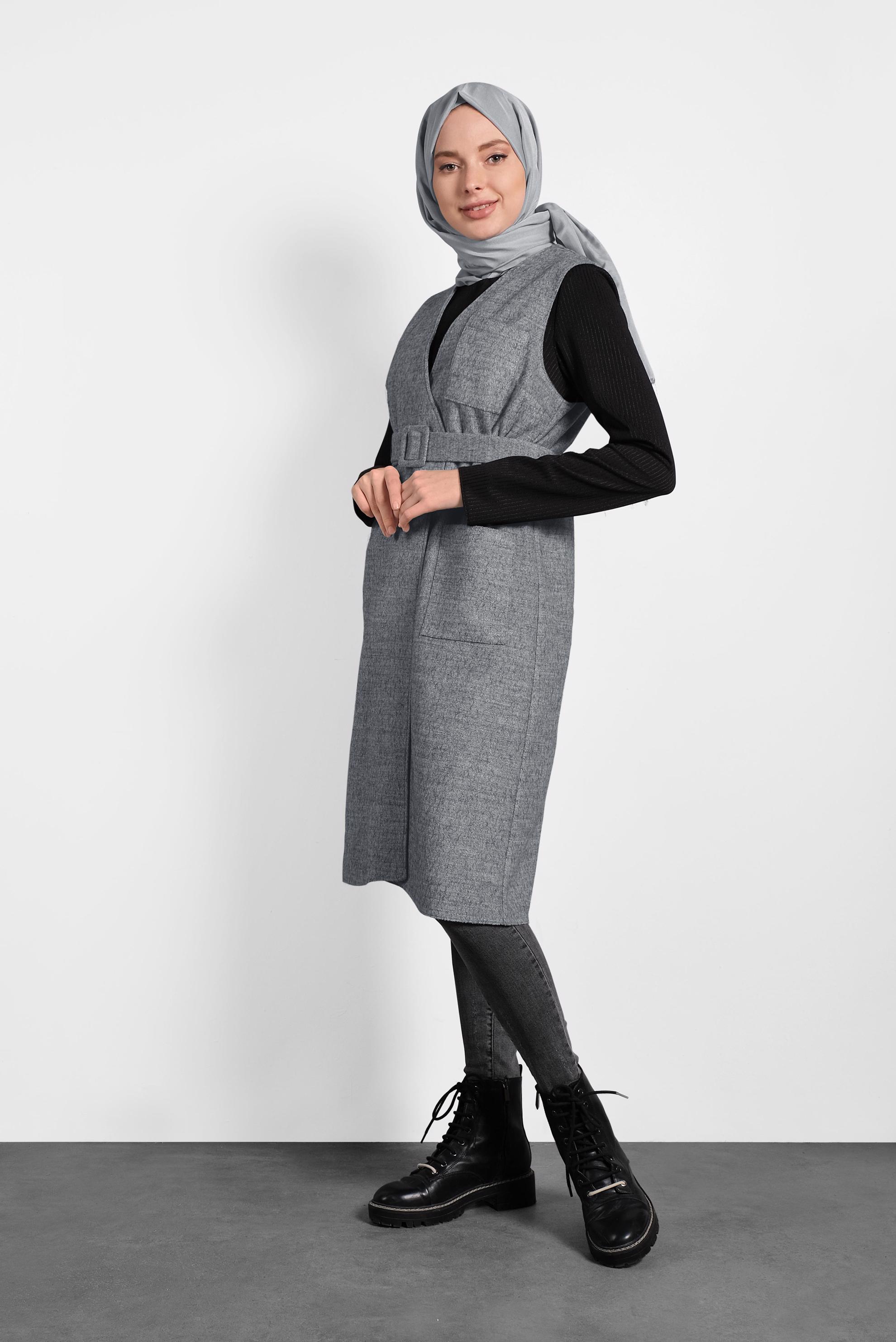 Tesettür giyim GRİ CEPLİ KRUVAZE YELEK 40264