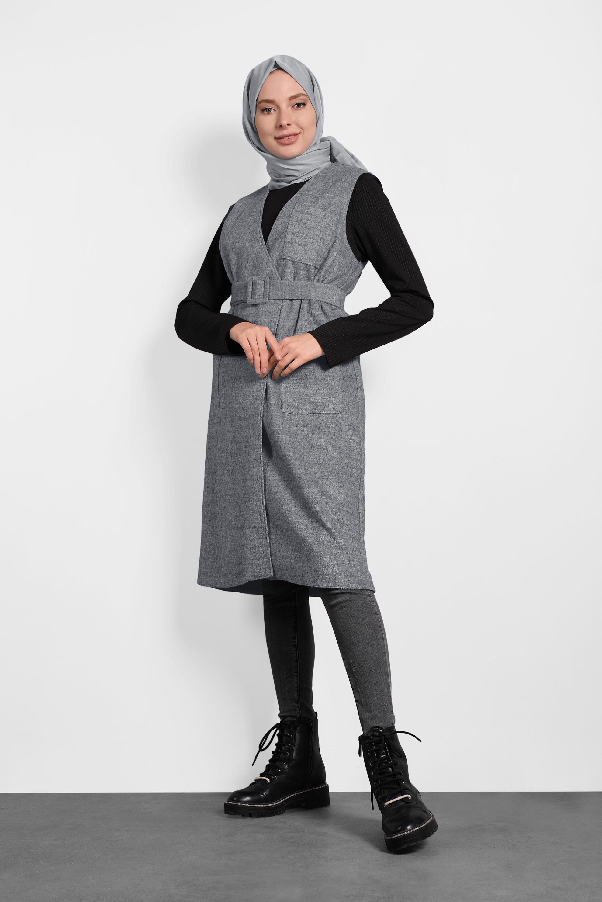 Tesettür giyim GRİ CEPLİ KRUVAZE YELEK 40264