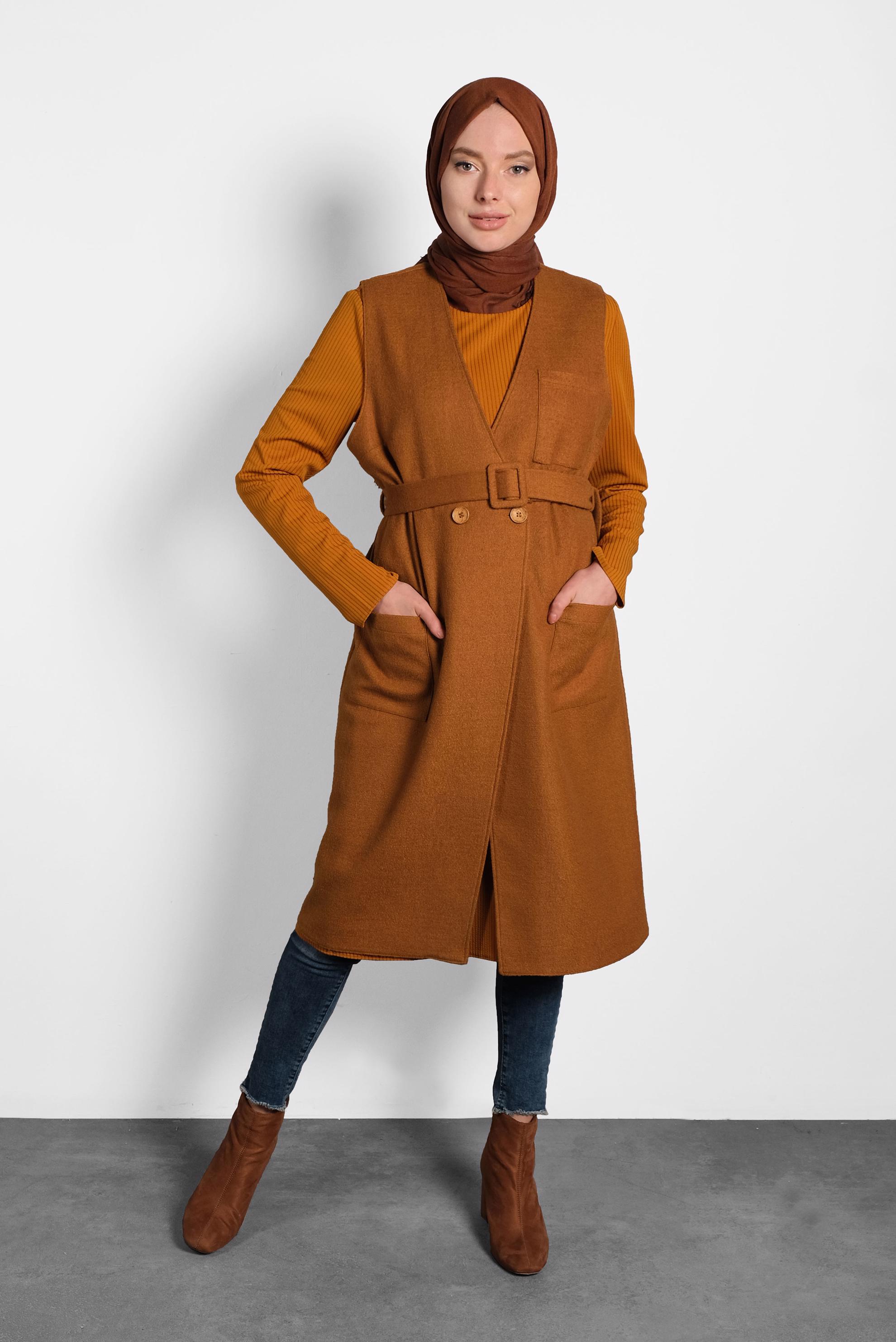 Tesettür giyim TABA CEPLİ KRUVAZE YELEK 40264