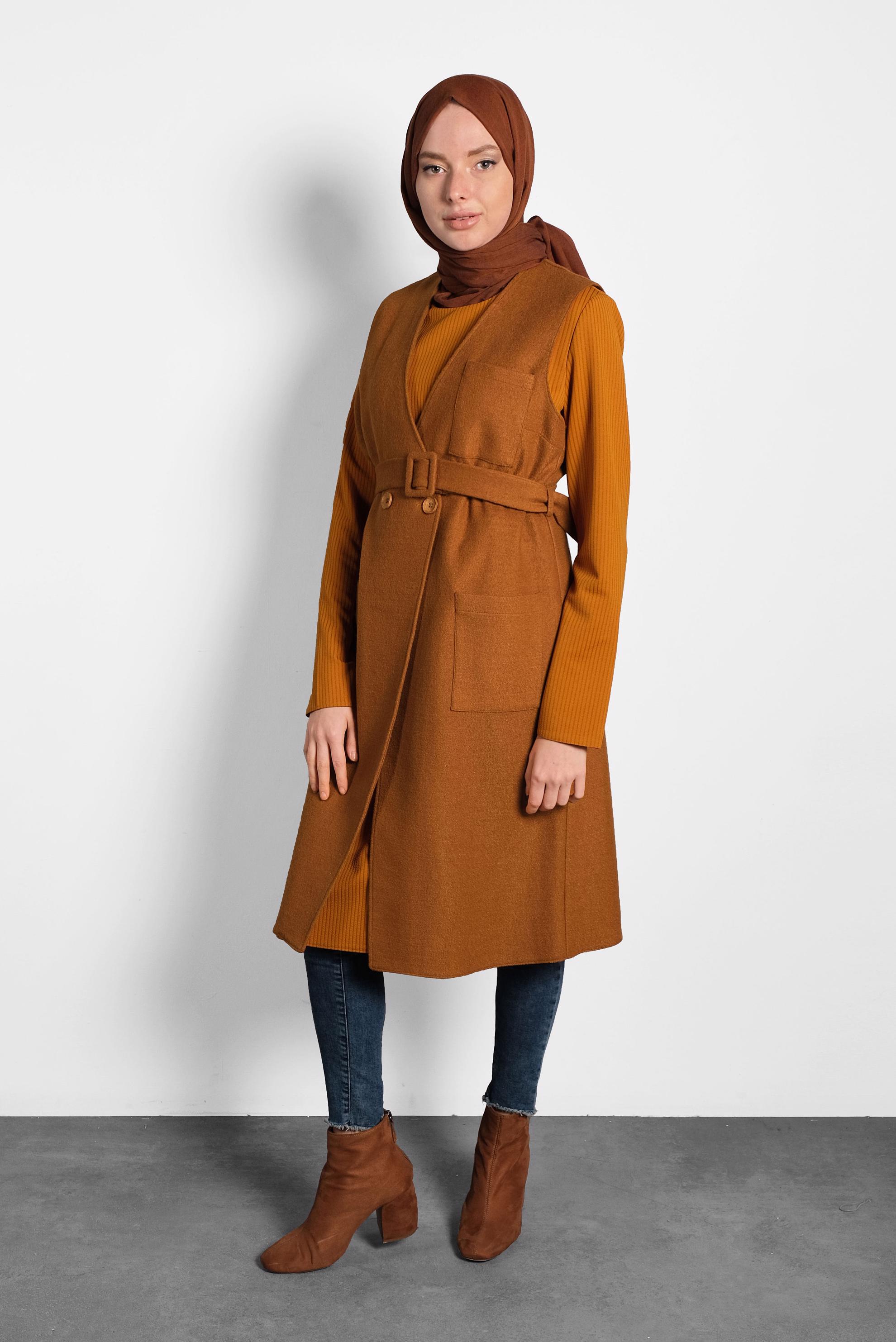 Tesettür giyim TABA CEPLİ KRUVAZE YELEK 40264