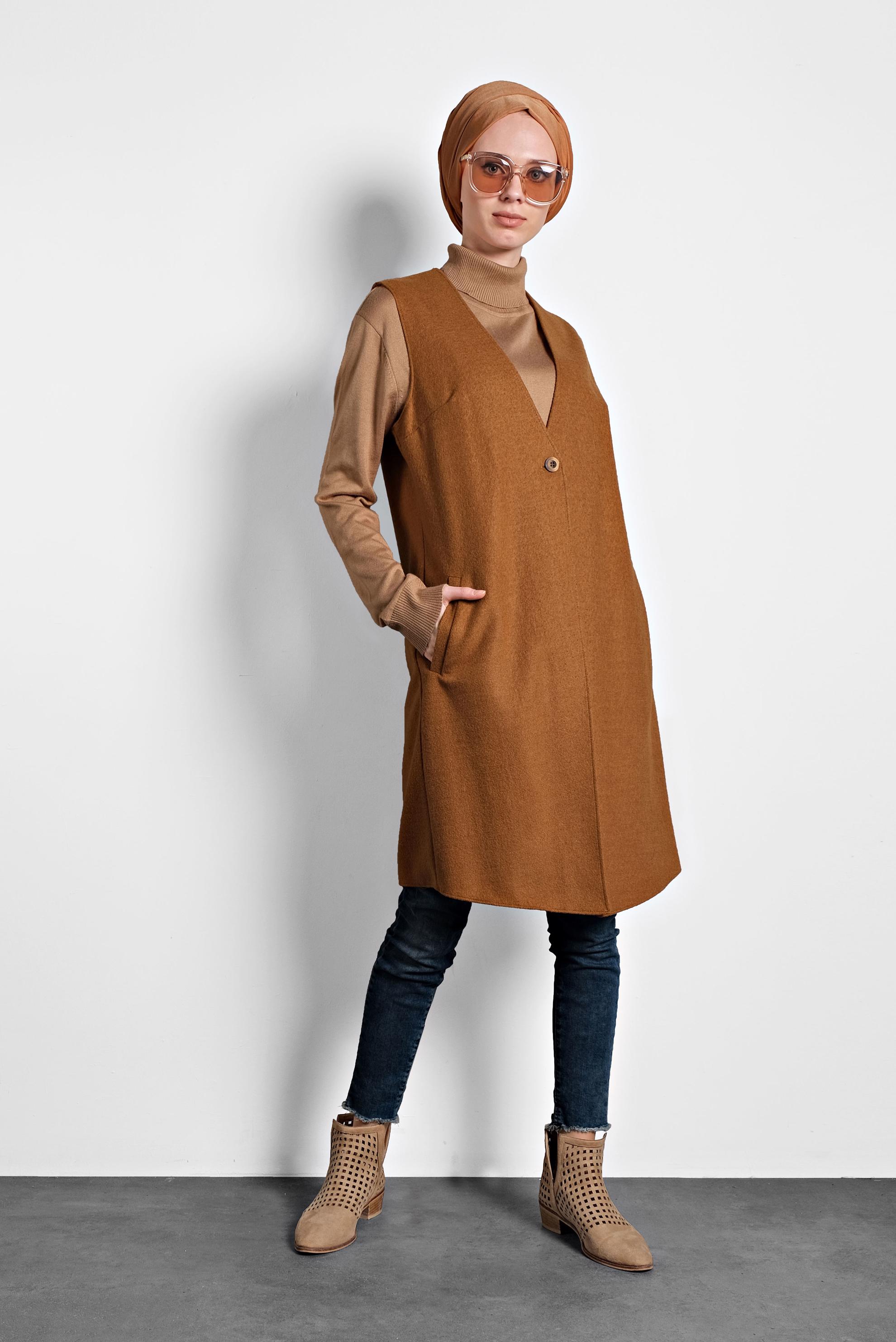 Tesettür giyim TABA NAKIŞ DETAYLI YELEK 40293