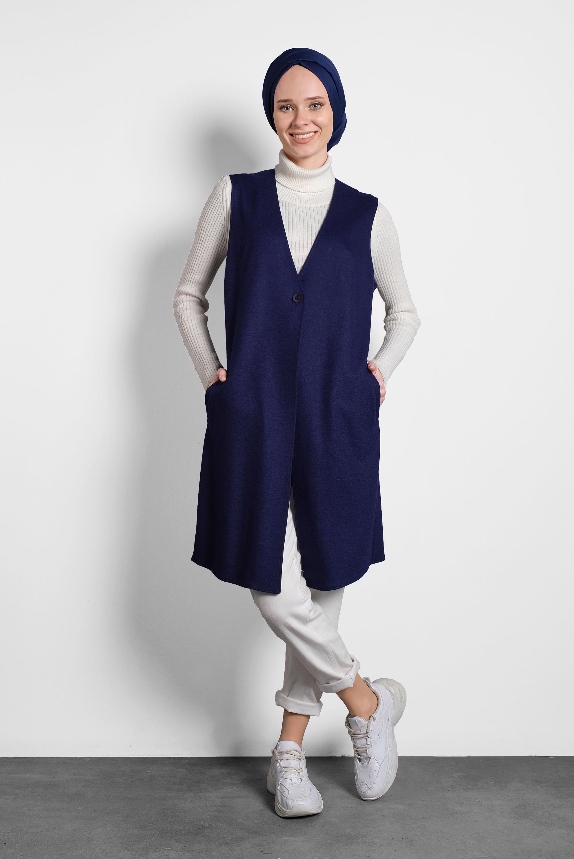 Tesettür giyim LACİVERT NAKIŞ DETAYLI YELEK 40293