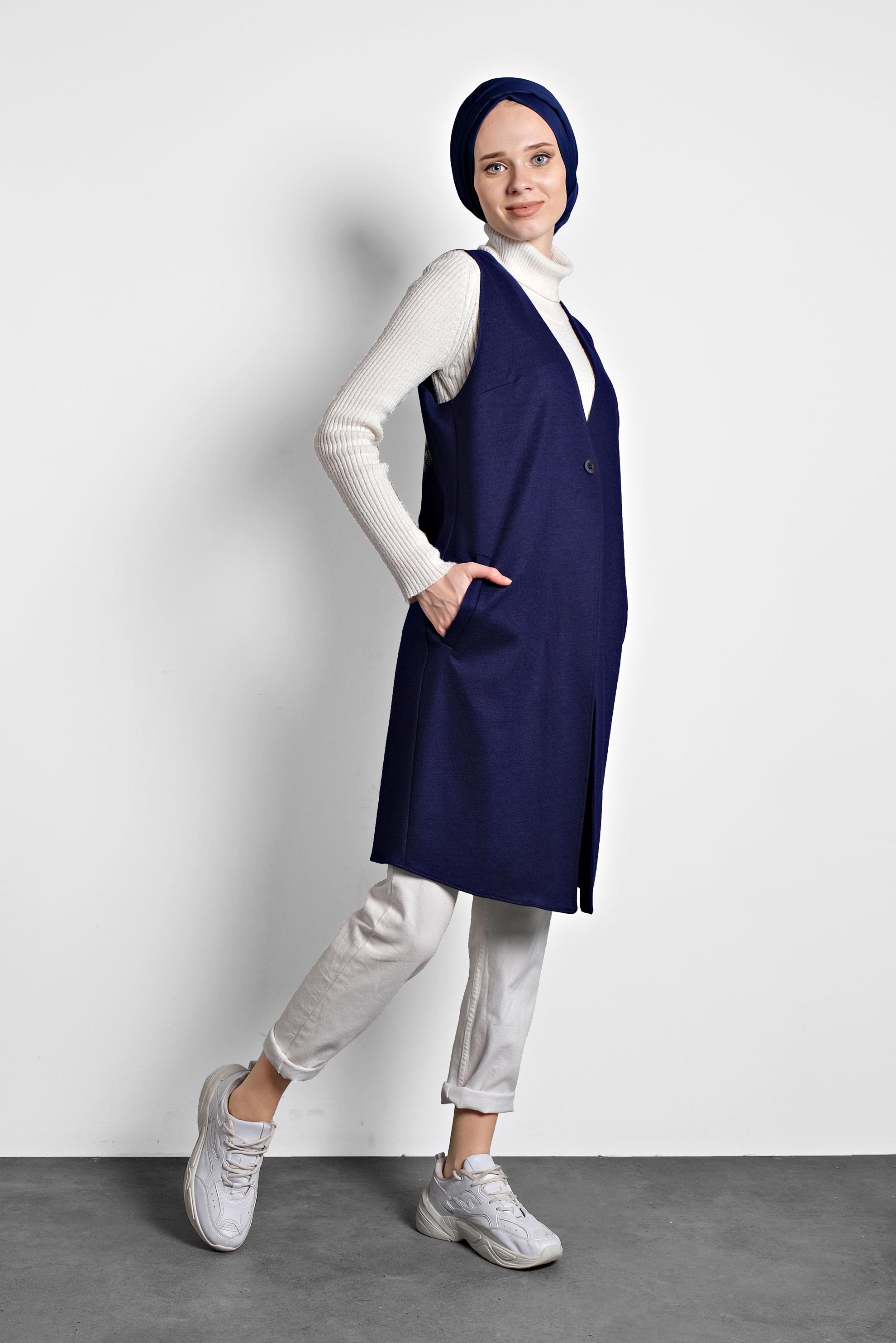 Tesettür giyim LACİVERT NAKIŞ DETAYLI YELEK 40293