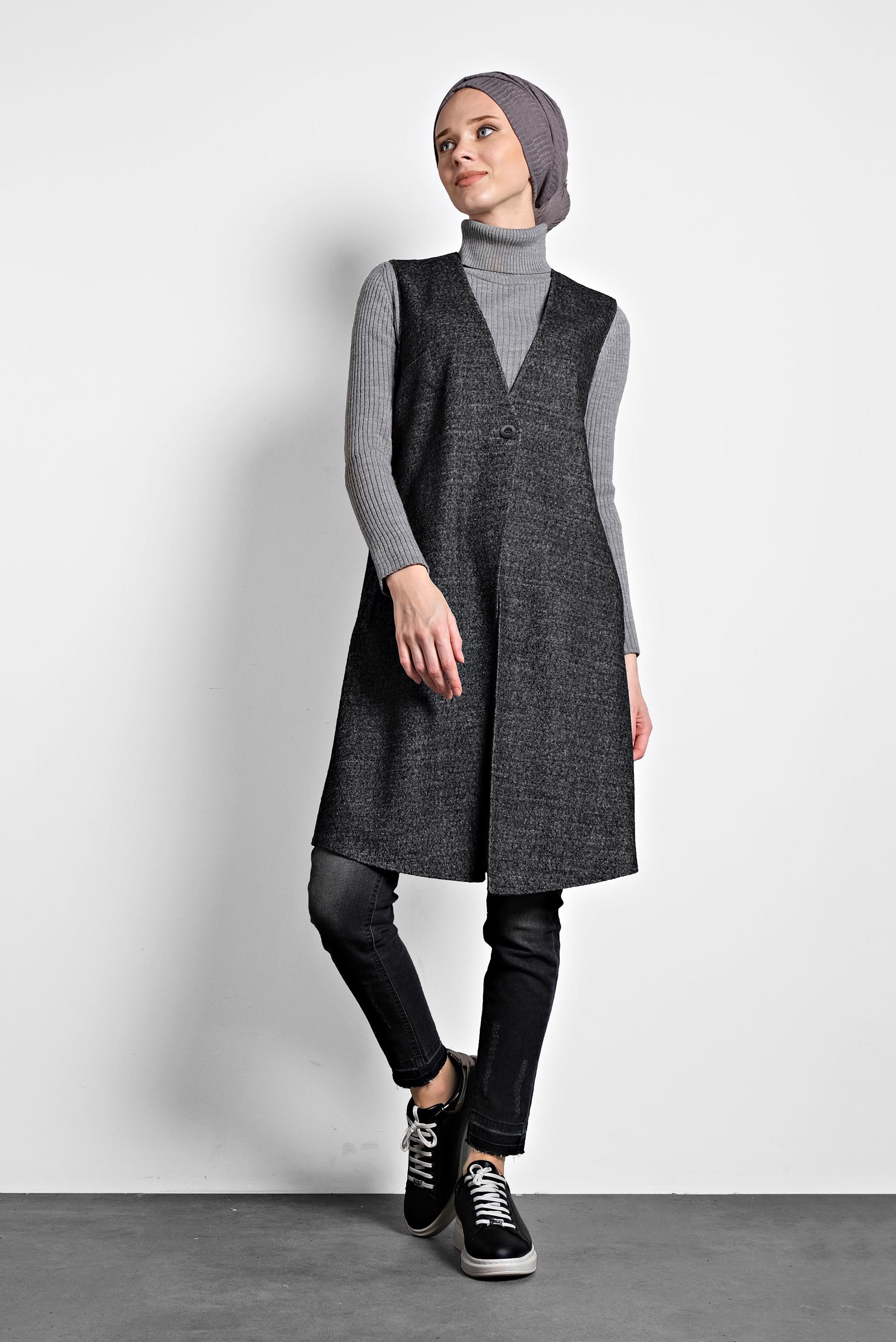 Tesettür giyim GRİ NAKIŞ DETAYLI YELEK 40293