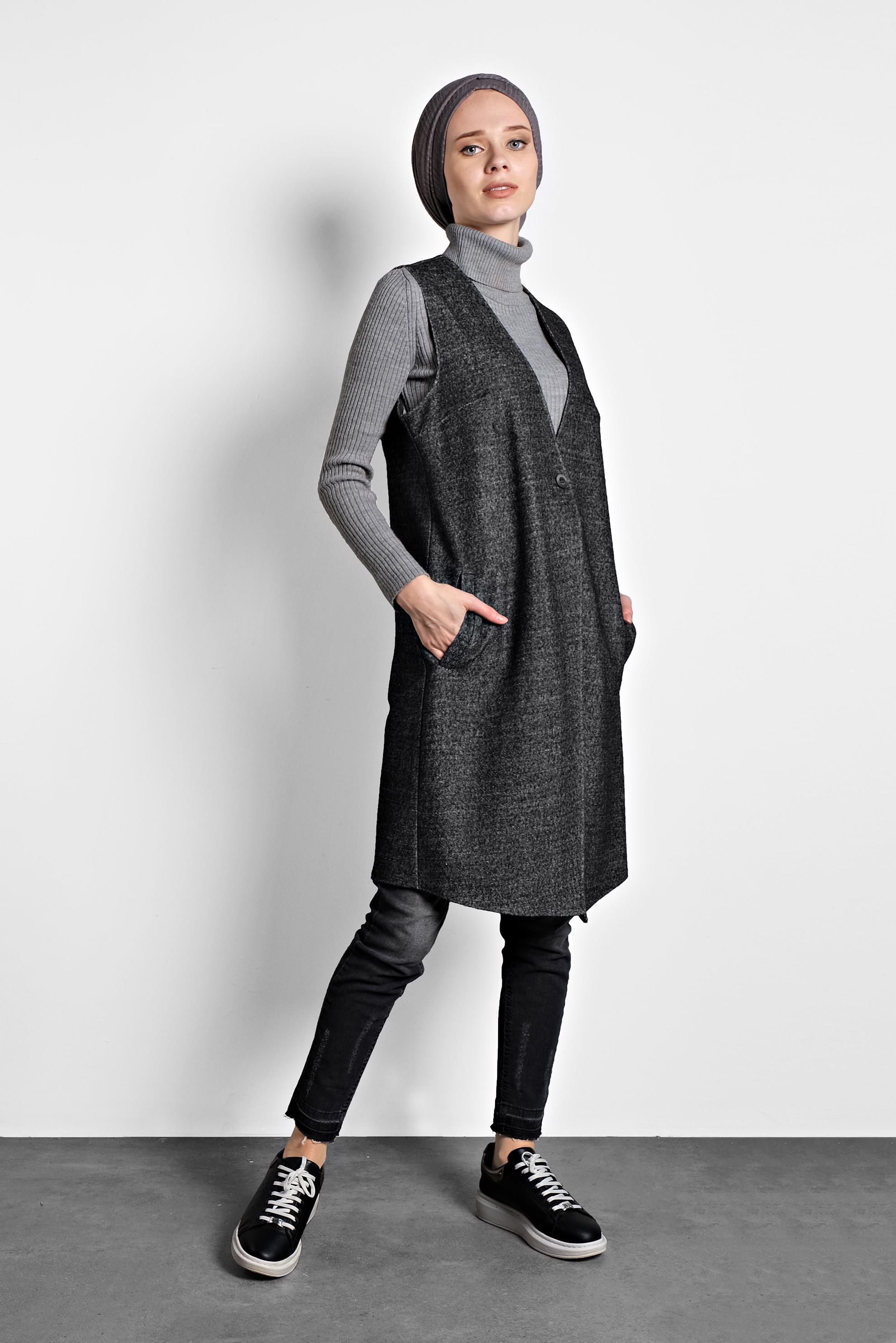 Tesettür giyim GRİ NAKIŞ DETAYLI YELEK 40293