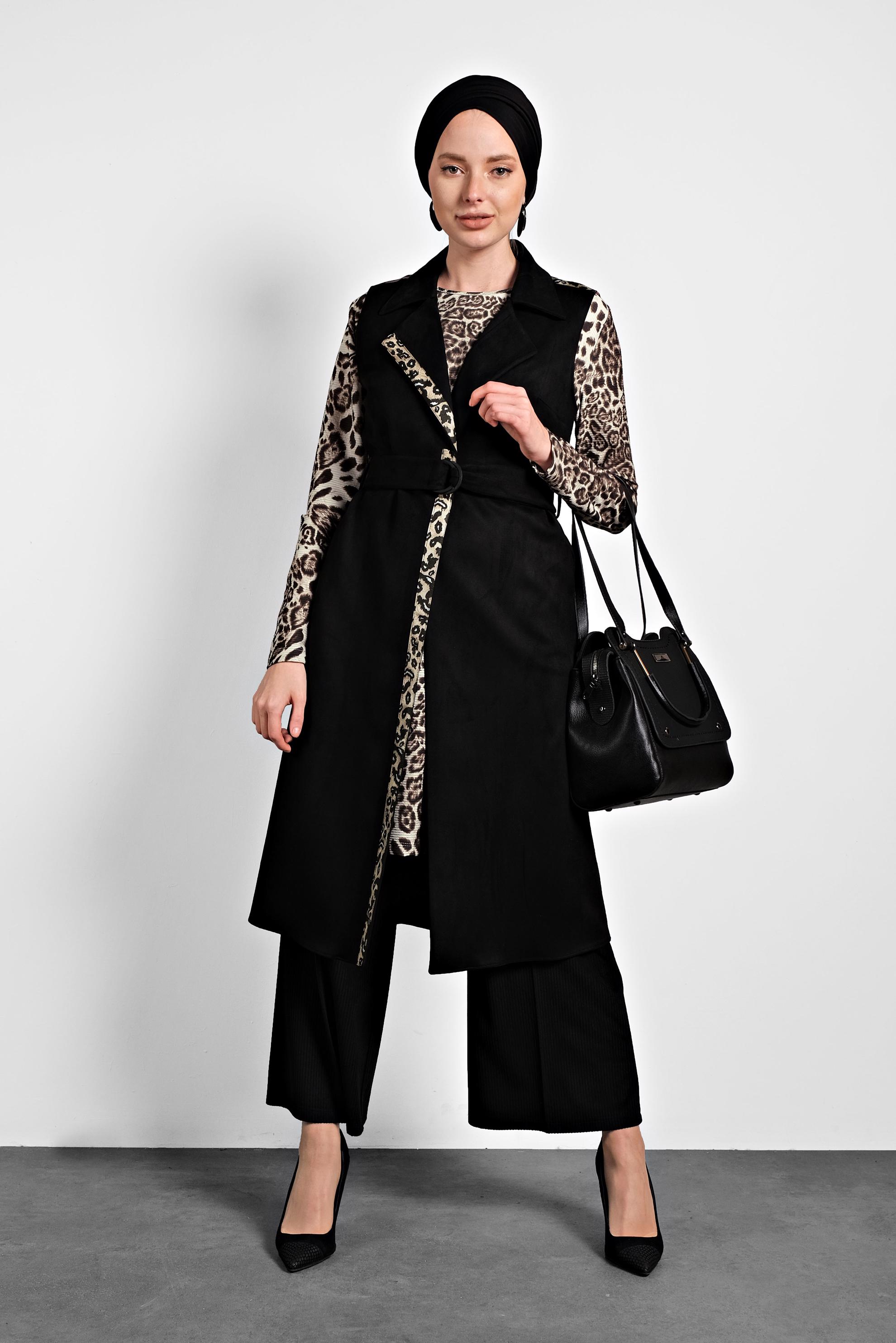 Tesettür giyim SİYAH KUŞAKLI SÜET YELEK 40306