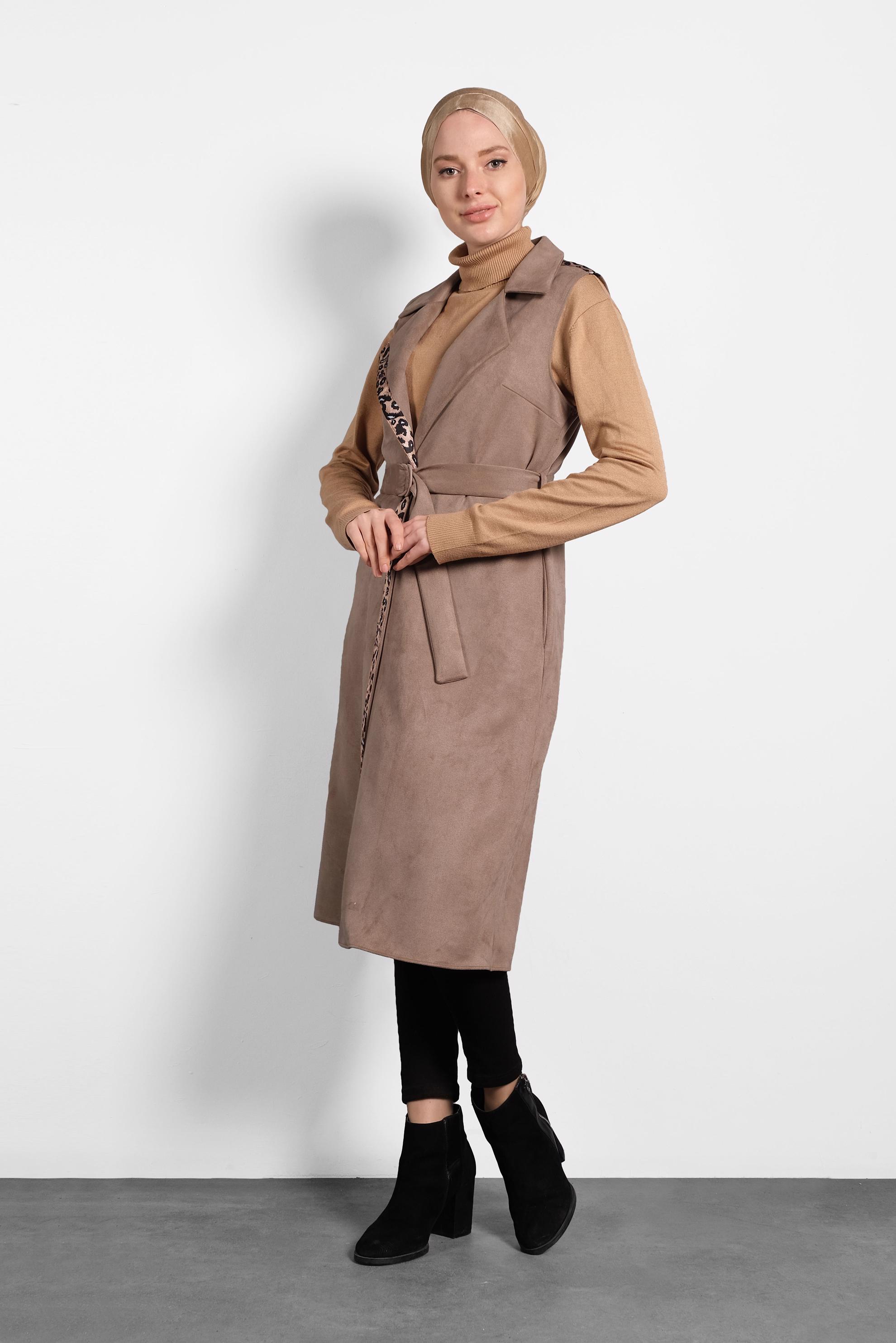 Tesettür giyim VİZON KUŞAKLI SÜET YELEK 40306