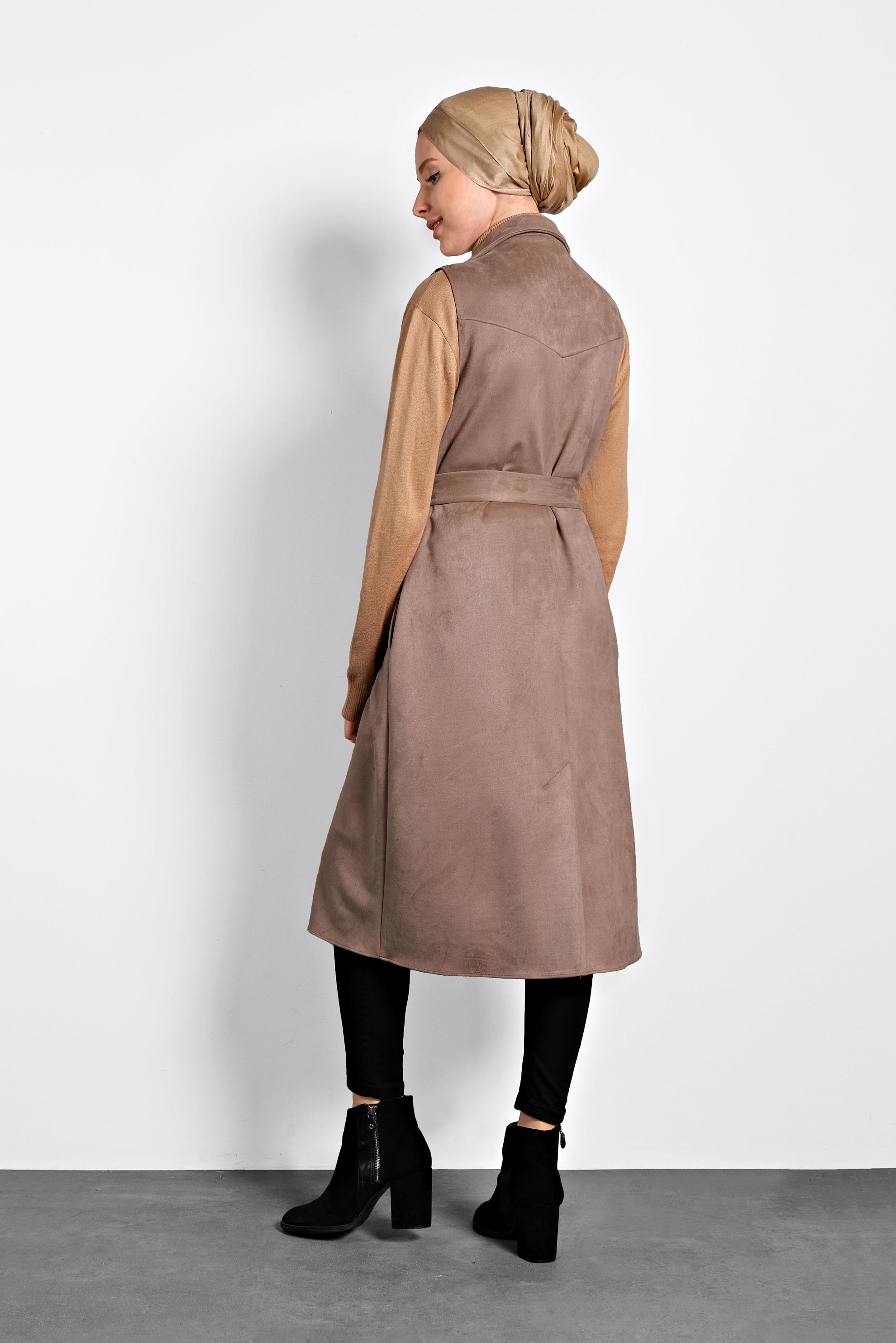 Tesettür giyim VİZON KUŞAKLI SÜET YELEK 40306