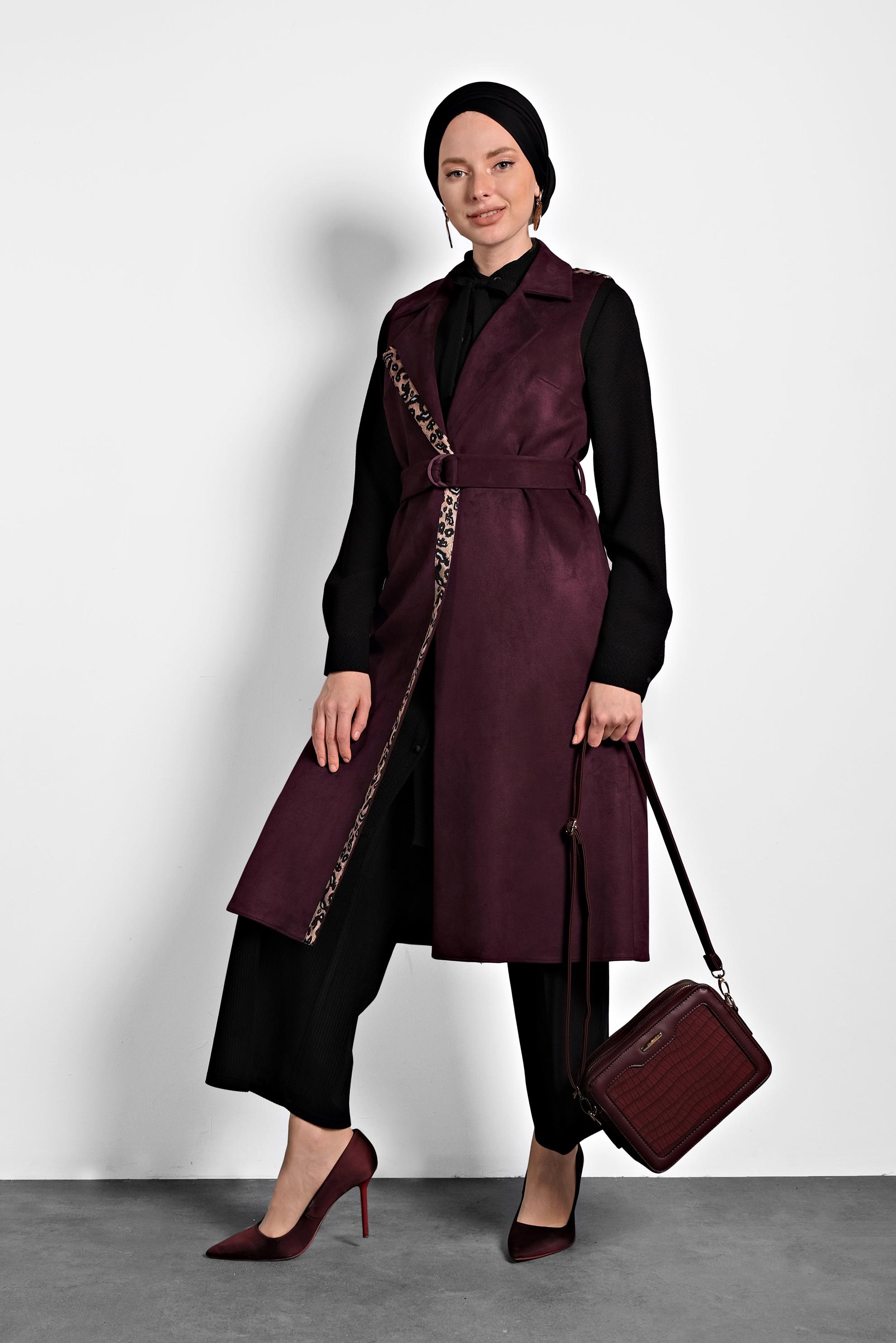 Tesettür giyim BORDO KUŞAKLI SÜET YELEK 40306