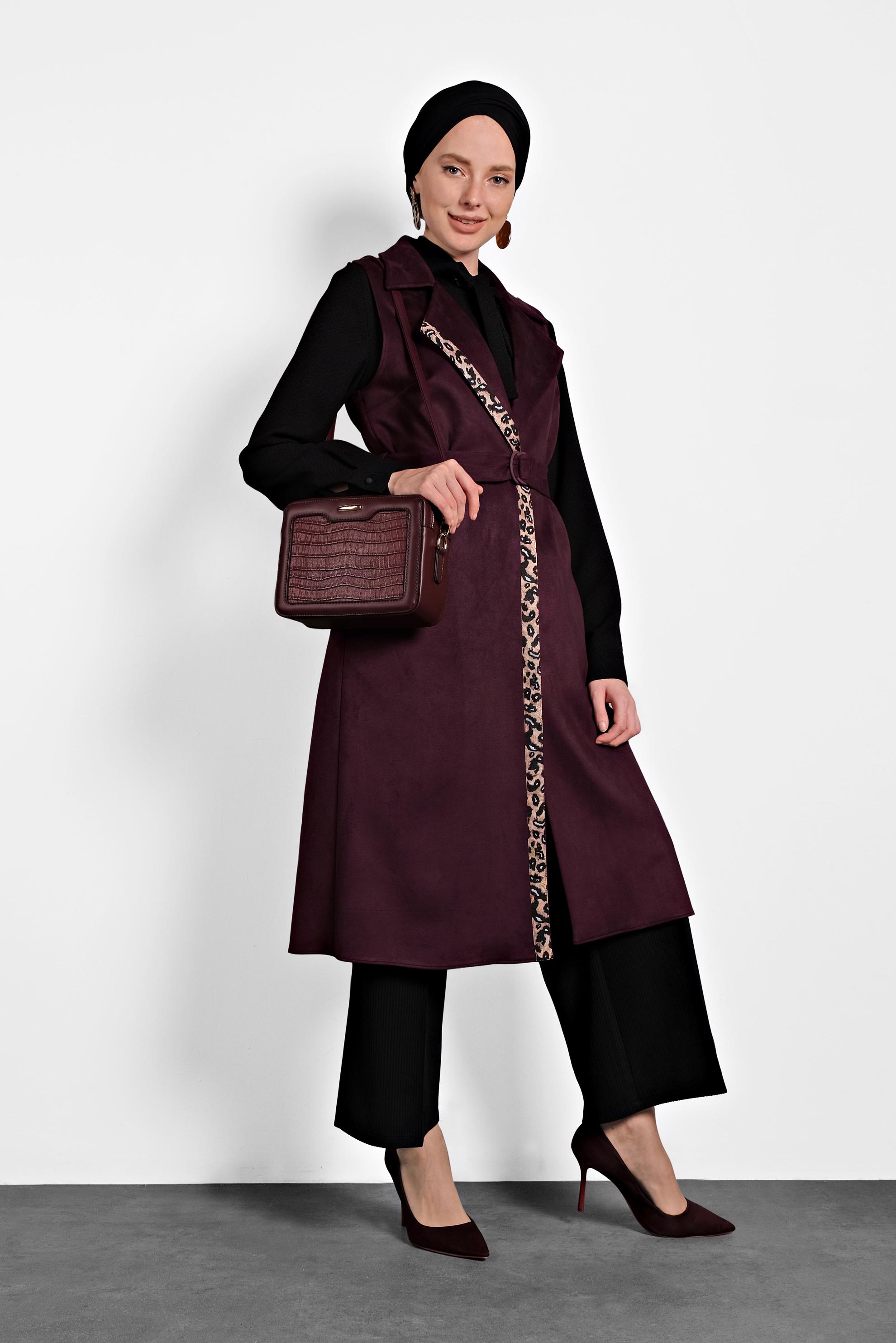 Tesettür giyim BORDO KUŞAKLI SÜET YELEK 40306