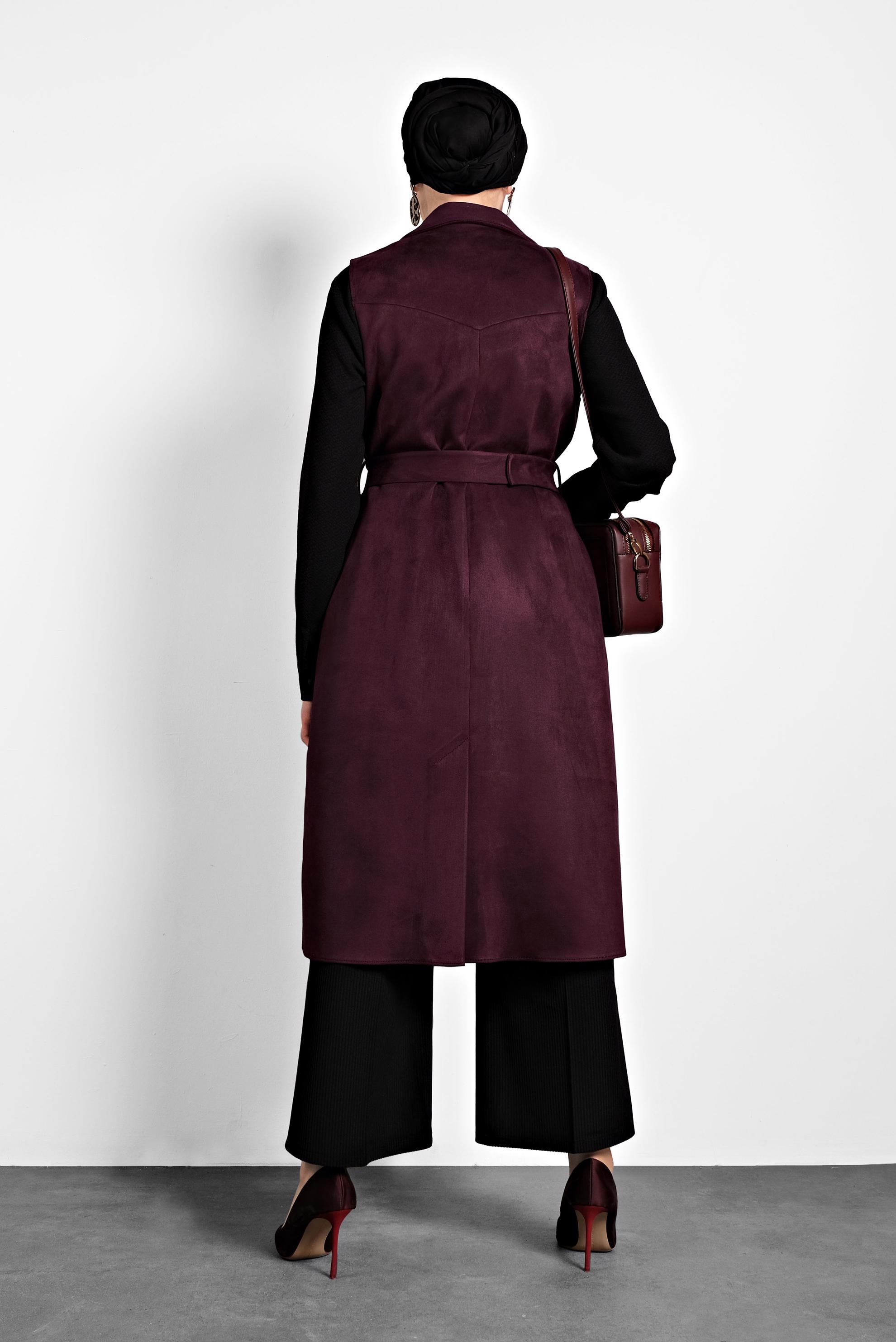 Tesettür giyim BORDO KUŞAKLI SÜET YELEK 40306