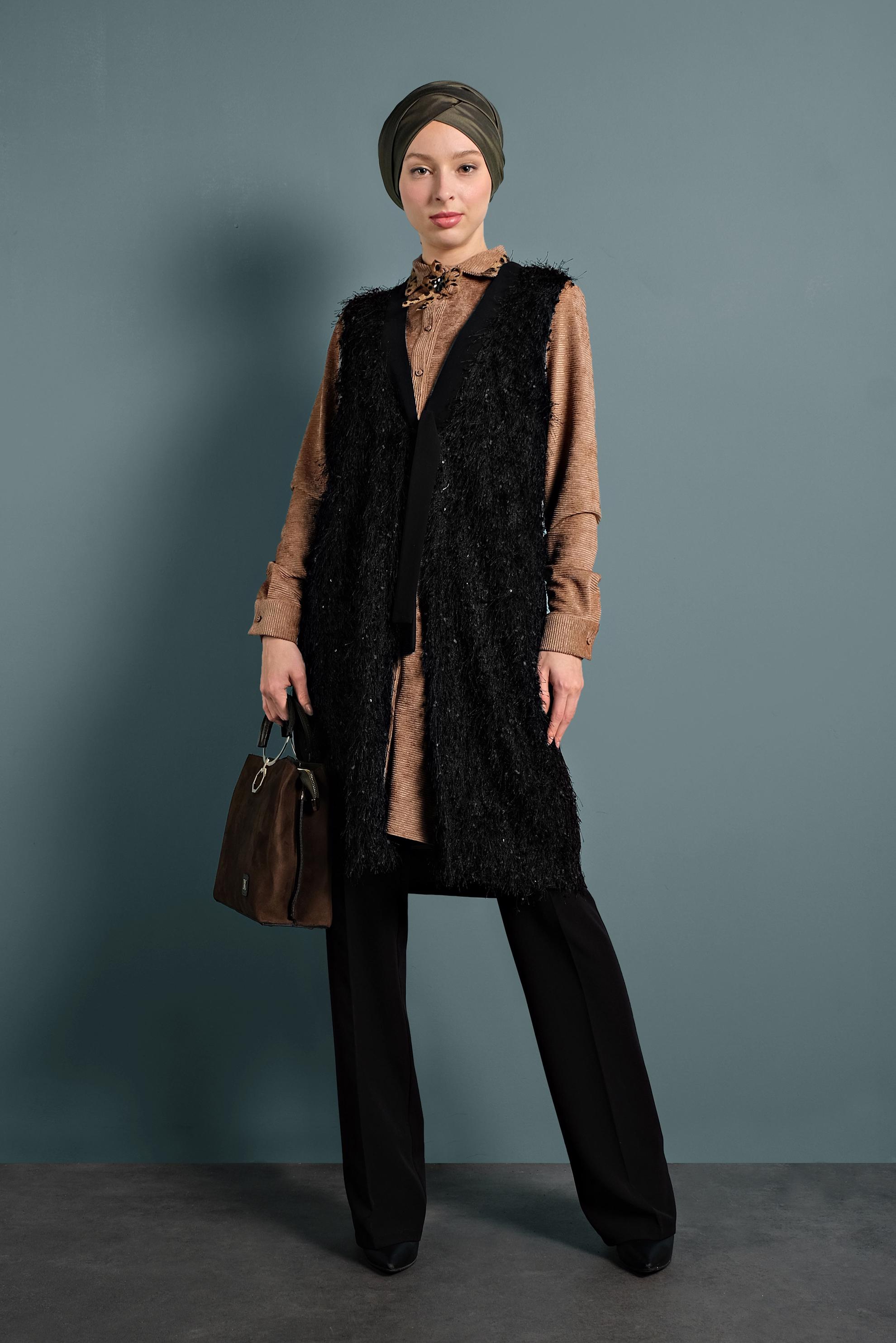 Tesettür giyim SİYAH ÖNÜ BAĞLAMALI SAÇAKLI YELEK 40309