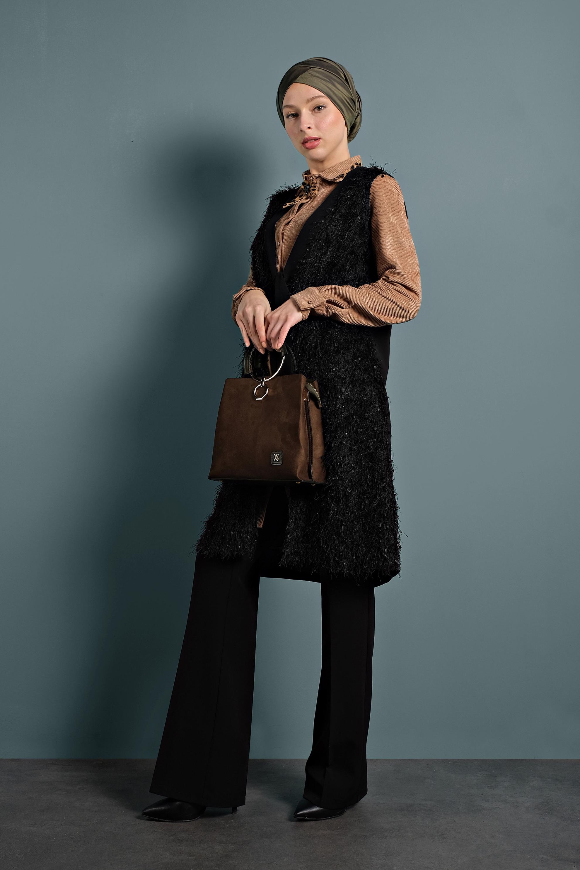 Tesettür giyim SİYAH ÖNÜ BAĞLAMALI SAÇAKLI YELEK 40309