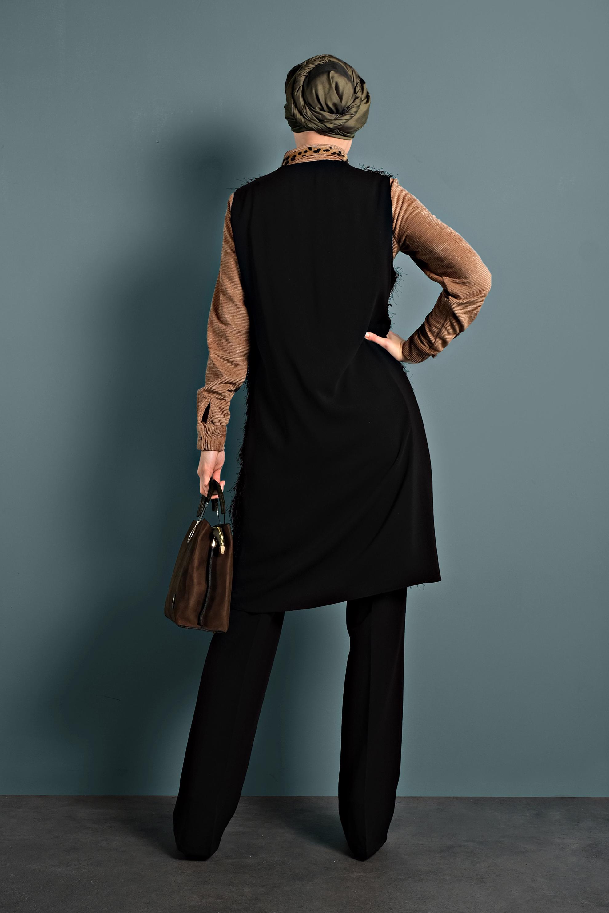 Tesettür giyim SİYAH ÖNÜ BAĞLAMALI SAÇAKLI YELEK 40309