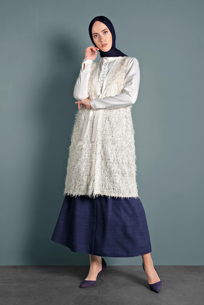 Vêtements hijab BLANC GILET À FRANGE TAILLE-NOUÉE 40309  - ALVİNA