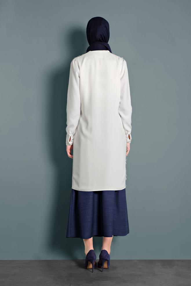 Vêtements hijab BLANC GILET À FRANGE TAILLE-NOUÉE 40309  - ALVİNA