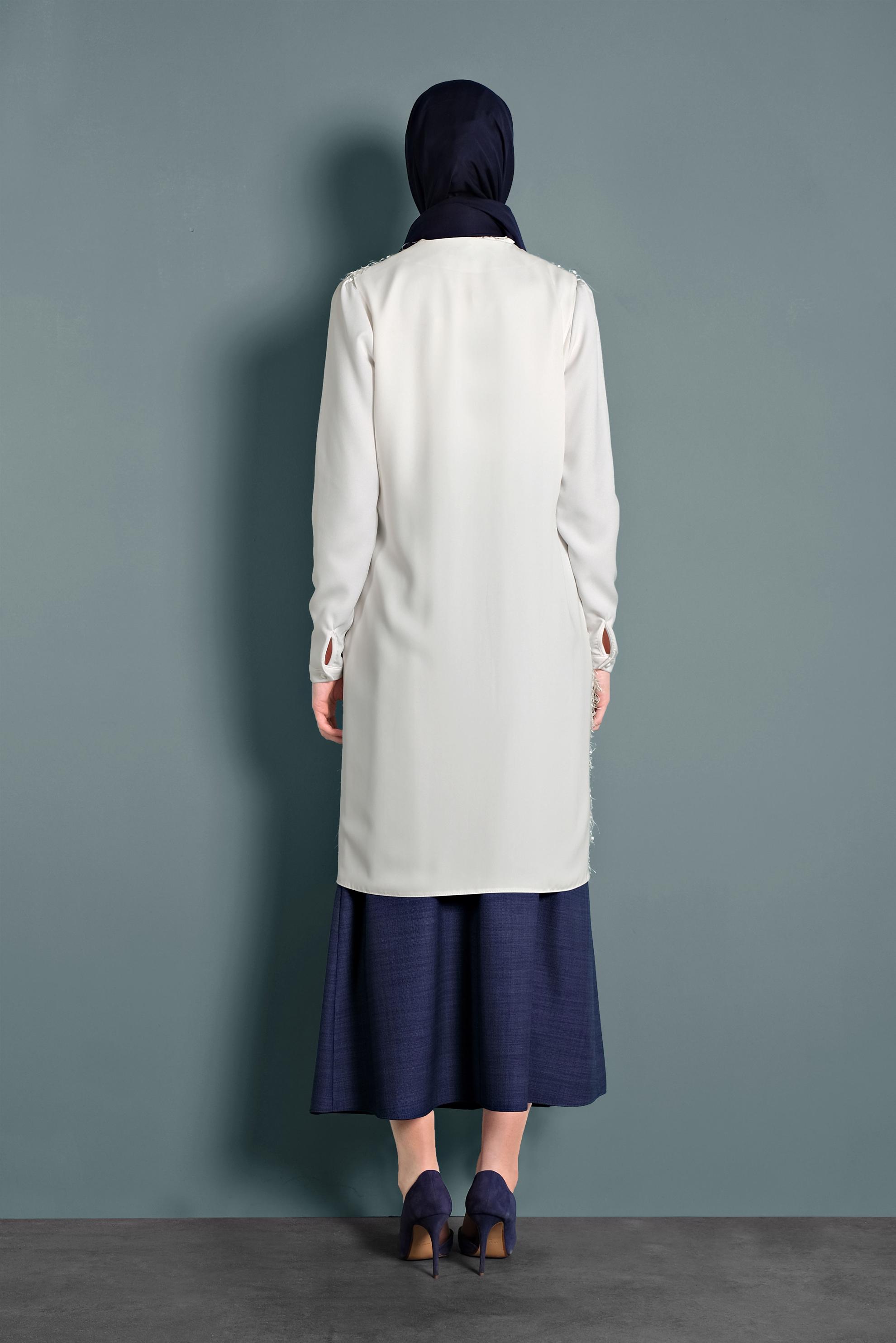 Vêtements hijab BLANC GILET À FRANGE TAILLE-NOUÉE 40309 