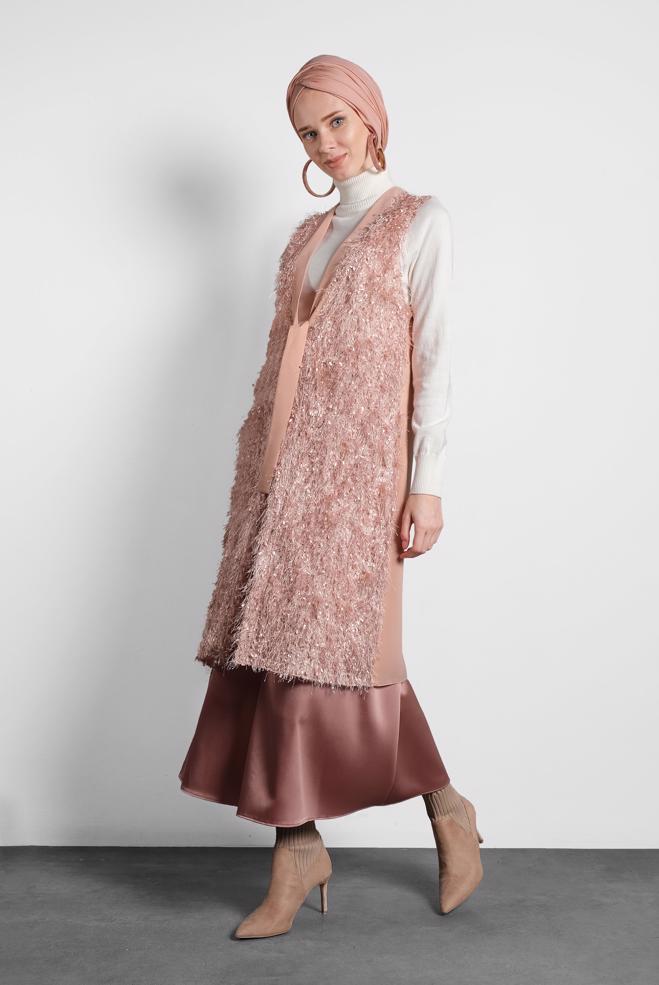 Vêtements hijab POUDRE GILET À FRANGE TAILLE-NOUÉE 40309  - ALVİNA