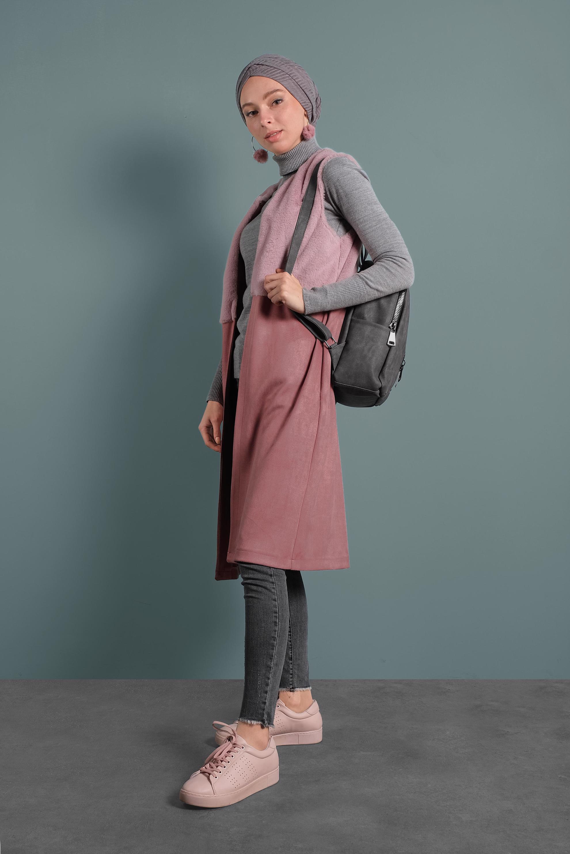 Tesettür giyim PUDRA SÜET YELEK 40402