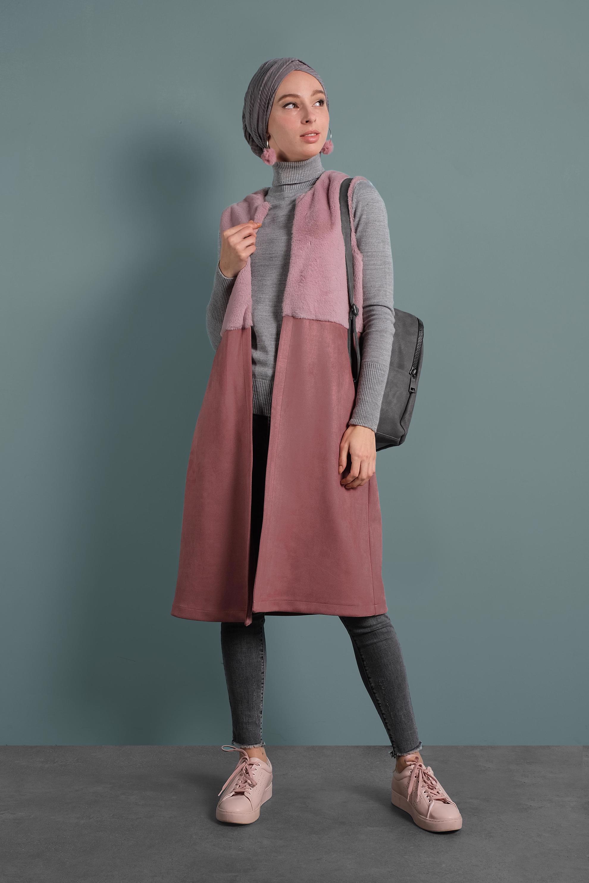 Tesettür giyim PUDRA SÜET YELEK 40402
