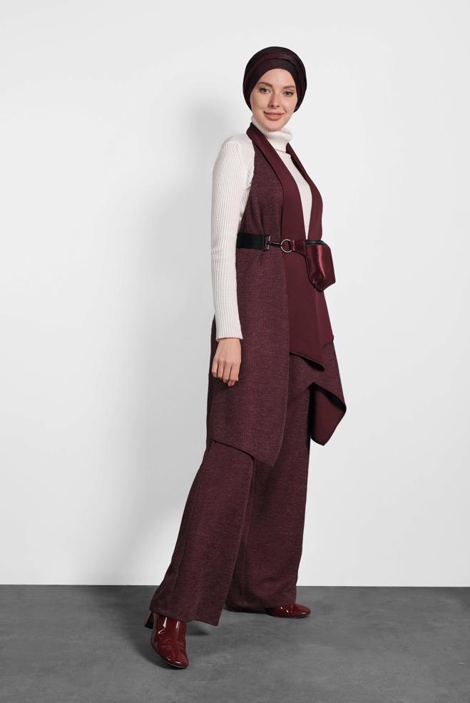 Vêtements hijab ROUGE BORDEAUX GILET COUPE ASYMÉTRIQUE 40417  - ALVİNA