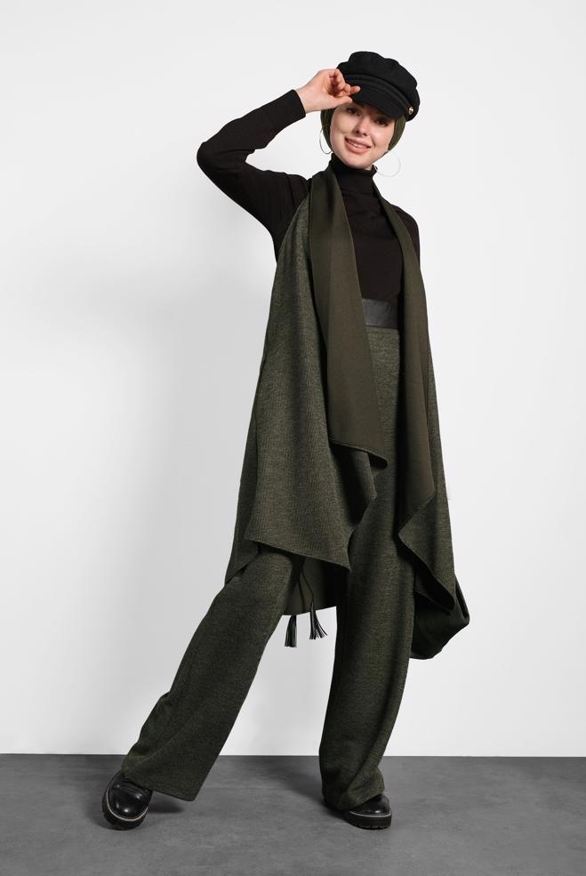 Vêtements hijab KAKI GILET COUPE ASYMÉTRIQUE 40417  - ALVİNA