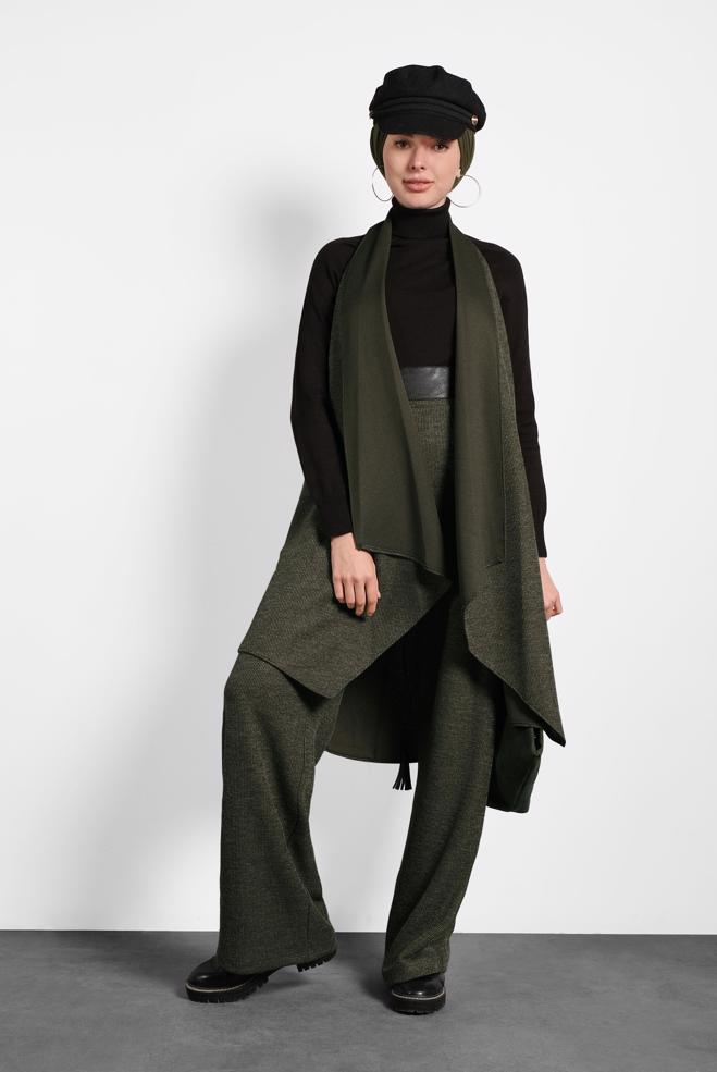 Vêtements hijab KAKI GILET COUPE ASYMÉTRIQUE 40417  - ALVİNA