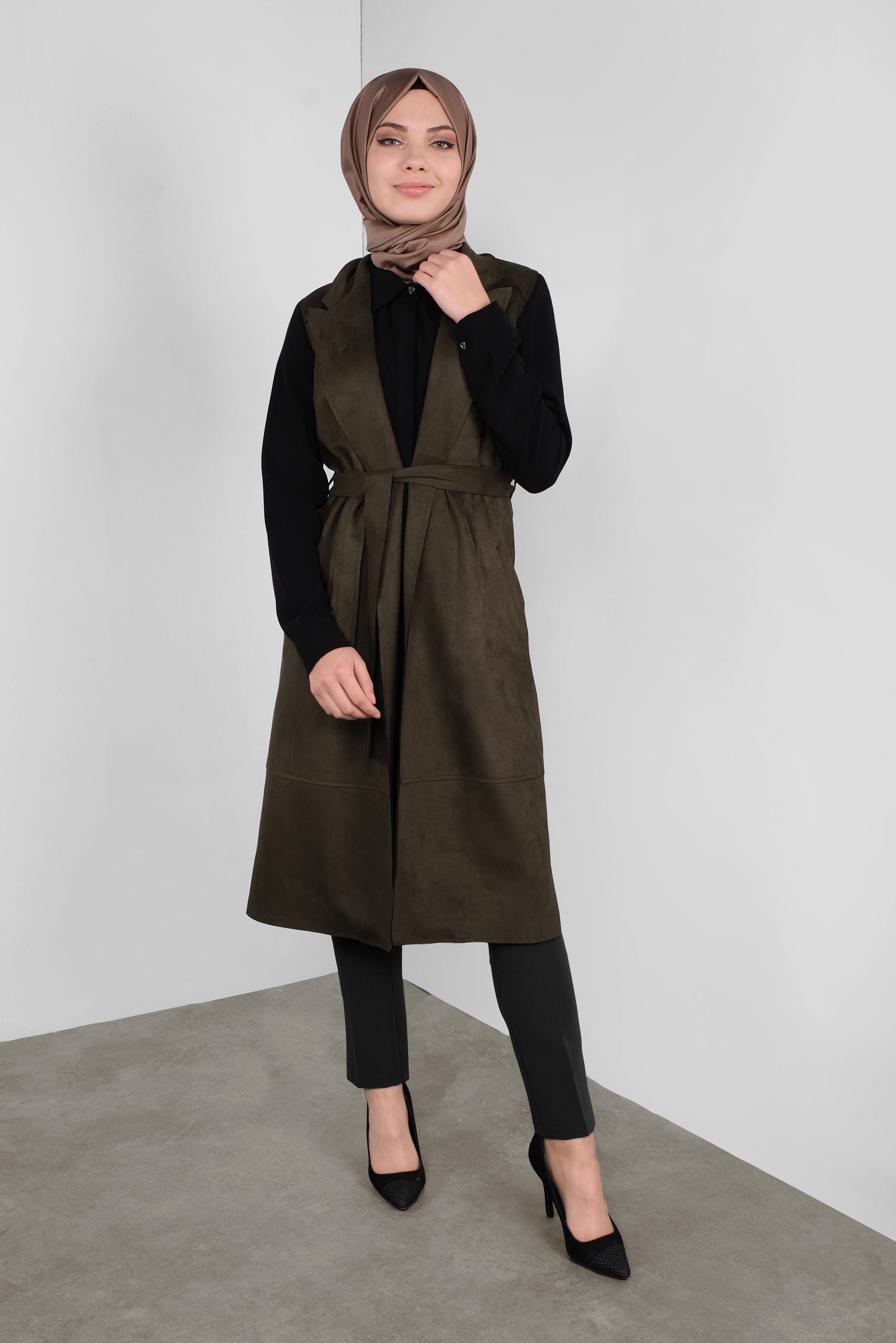 Tesettür giyim HAKİ SÜET YELEK 41180 