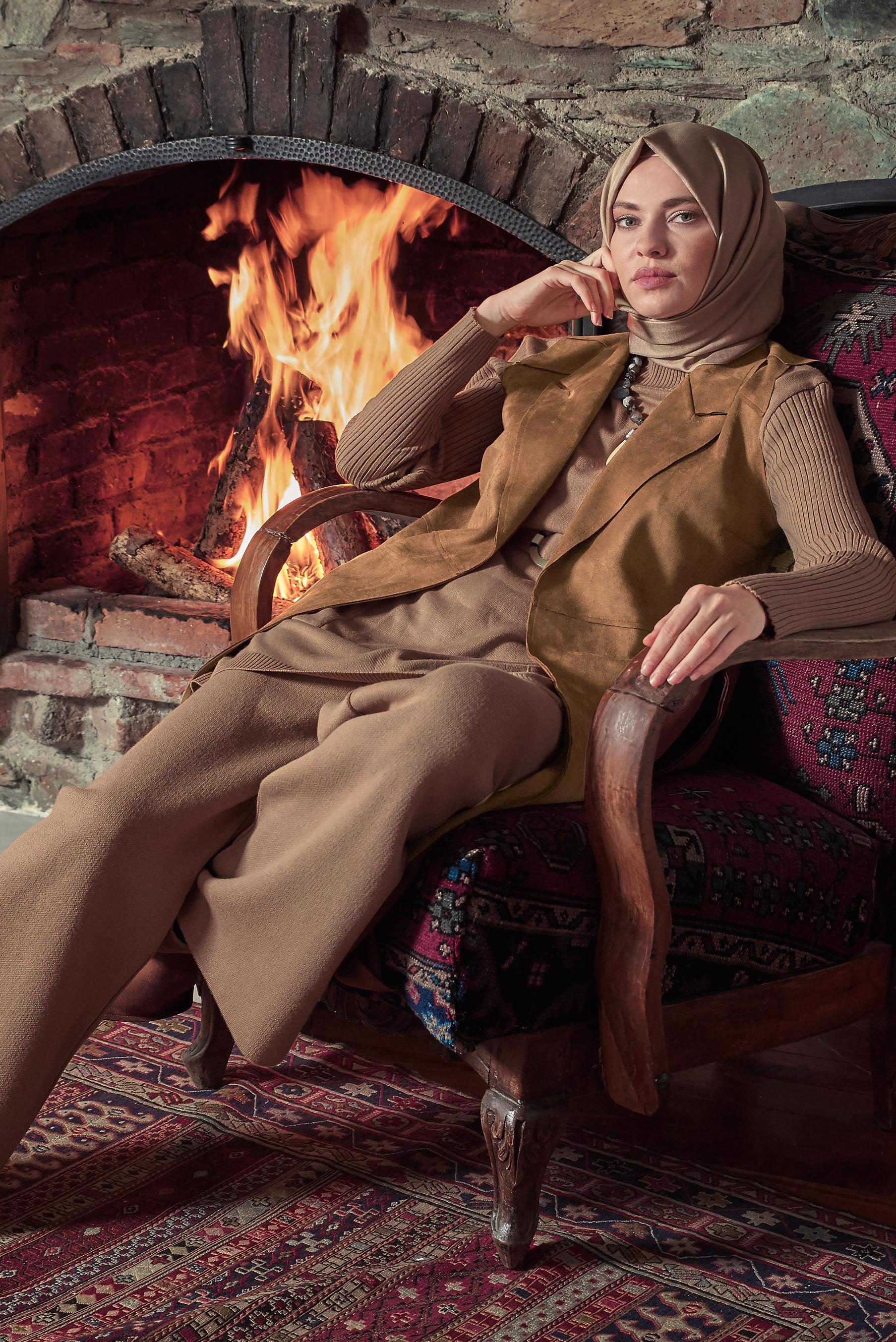 Tesettür giyim KAHVE SÜET YELEK 41180 