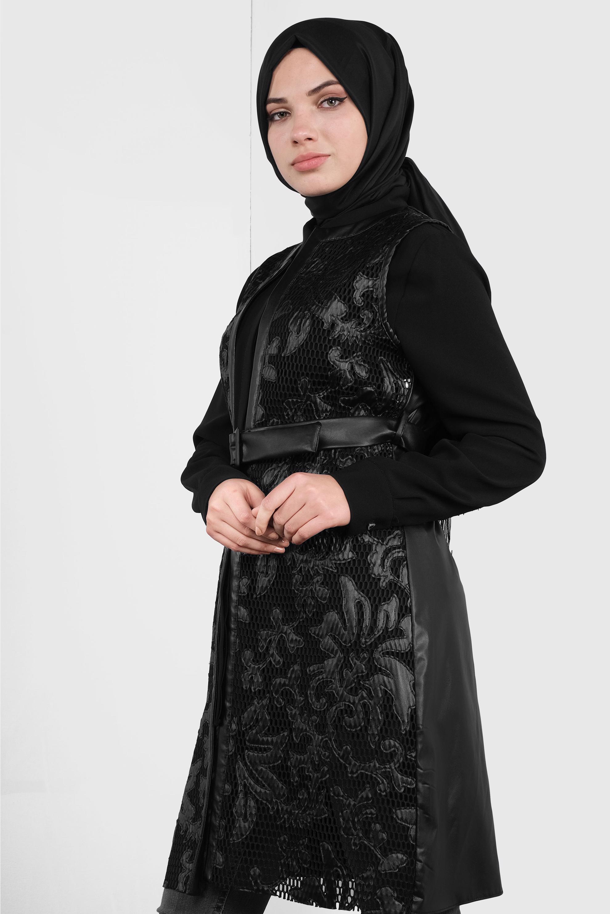 Vêtements hijab NOIR GILET EN DAIM AVEC CEINTURE 41214